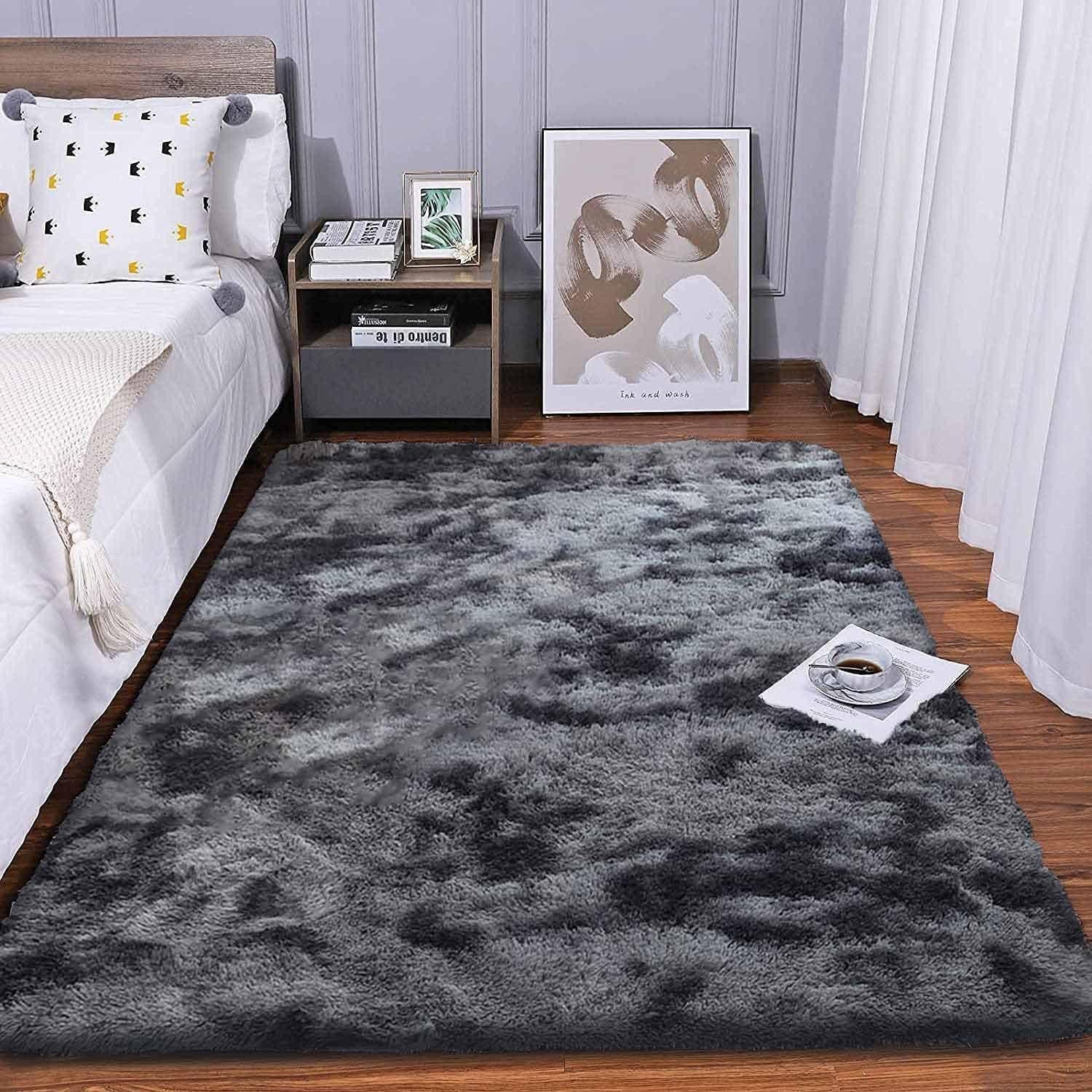 Hochflor-Teppich Hochflor Teppich Shaggy Flauschig Waschbar 80x120 cm Grau Schwarz