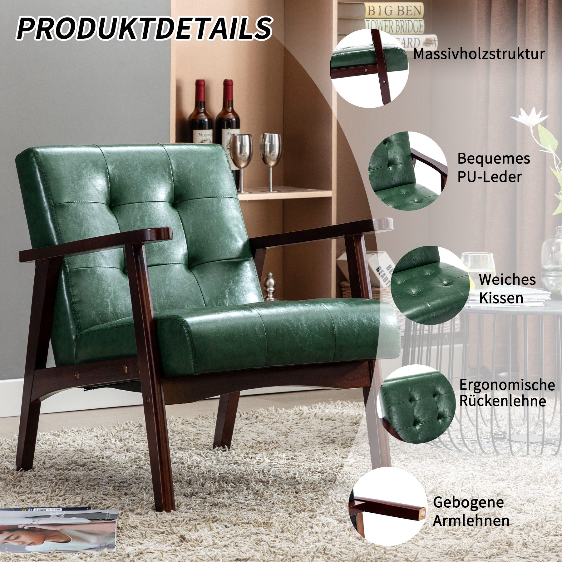 HomeMiYN Ohrensessel Skandinavischer Ohrensessel aus Kunstleder – Eleganz und Komfort