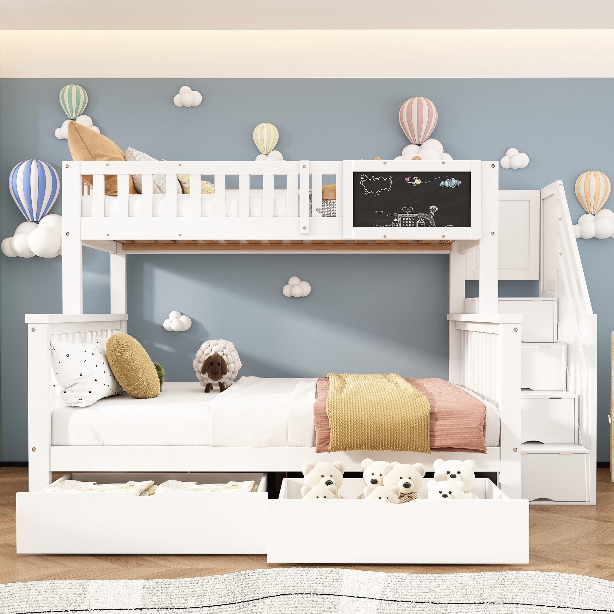 Flieks Etagenbett, Kinderbett mit Tafel Treppe Schubladen 90x200cm+140x200cm