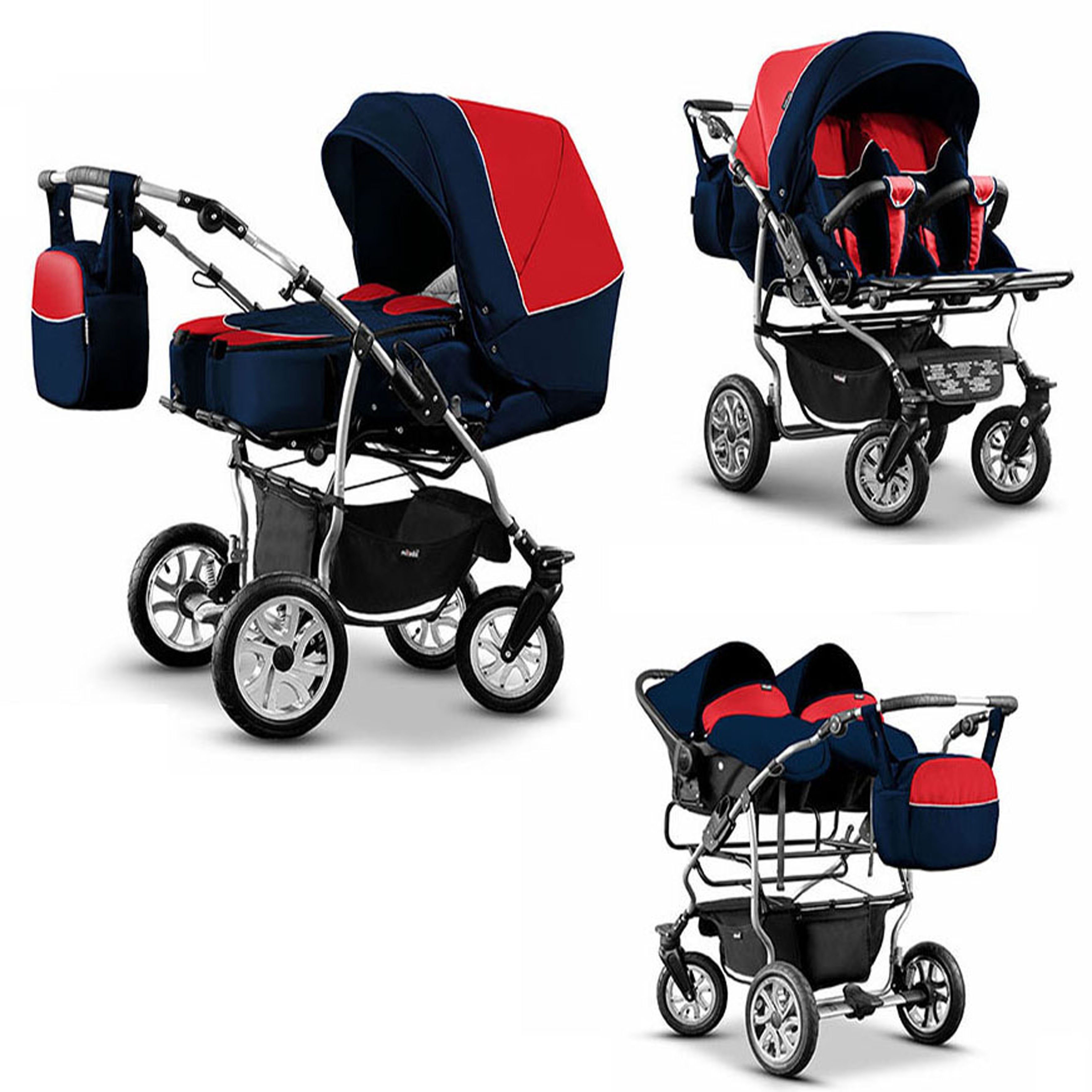 BabyMerc Zwillings-Kombikinderwagen City Twin 4 in 1 inkl. Sportsitze, Autositze und Zubehör in 19 Farben