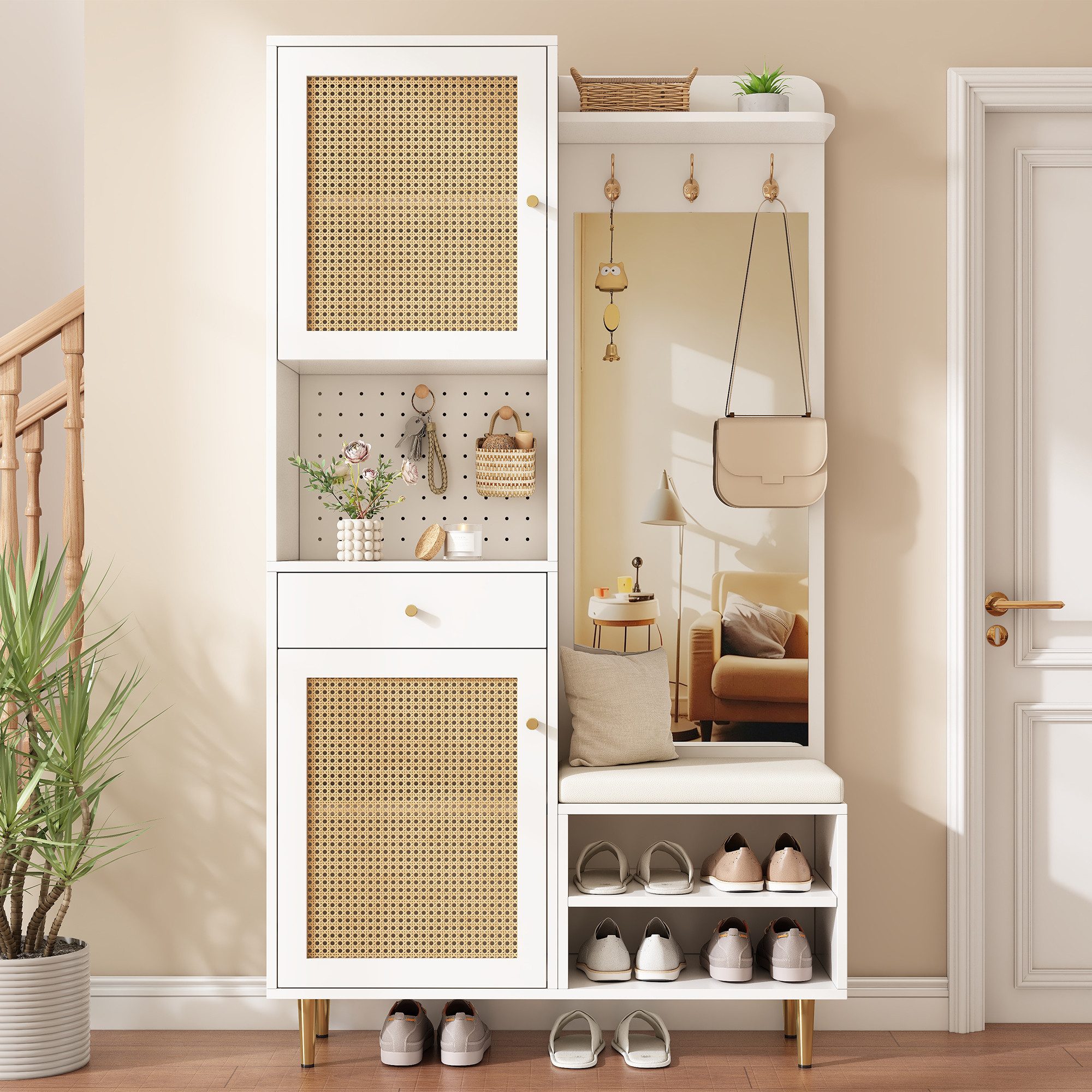 Flieks Garderobenschrank Rattan-Garderobenständer Schuhregal Spiegel Haken Lochwand Sitzkissen (verstellbare Einlegeböden, 1-St., 99x35x180 cm) Kompaktgarderobe Garderoben-Set Flurschrank Weiß, Eisenbeine