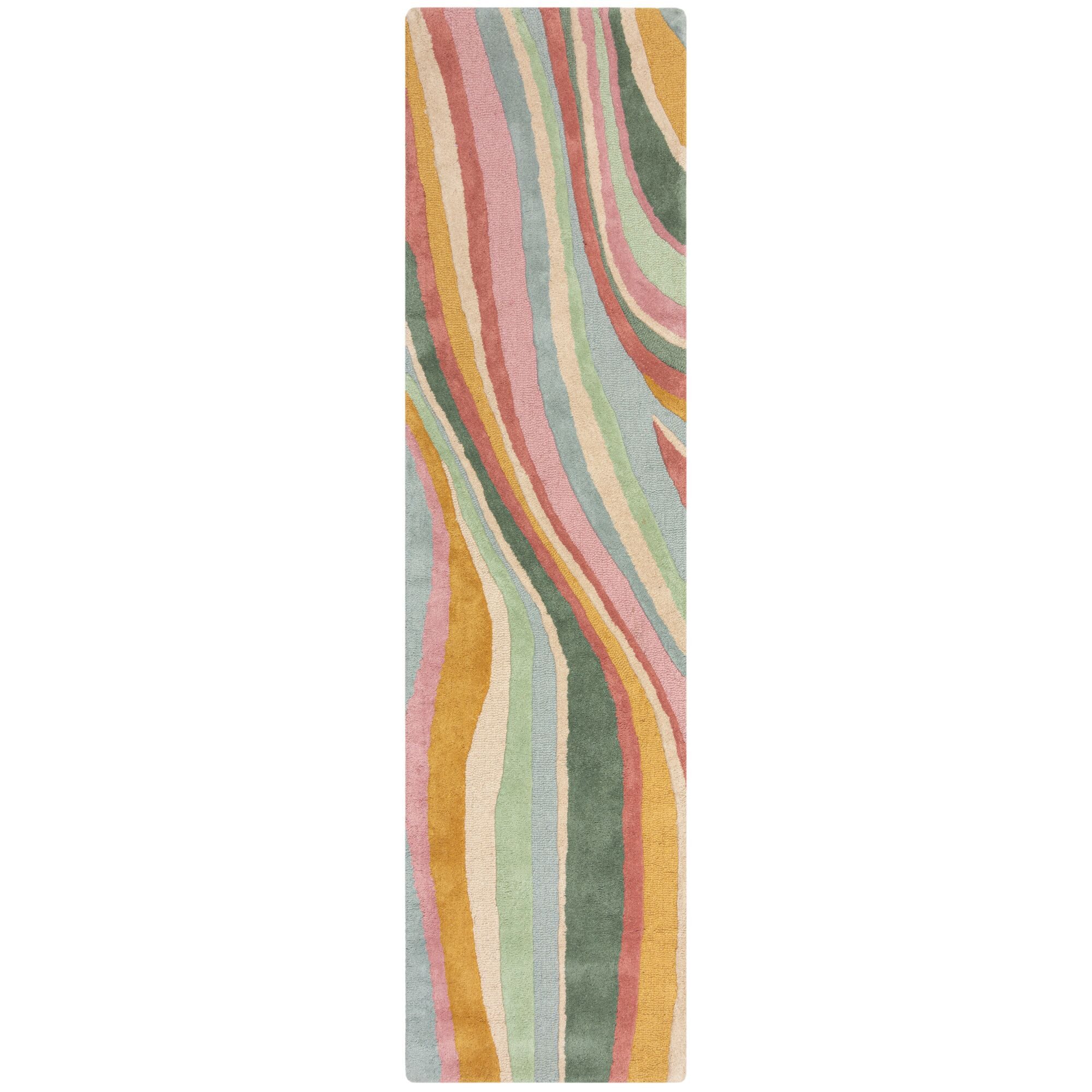 KADIMA DESIGN Wollteppich Wellen Muster, Abstrakt Wollteppich Modern Läufer 60x230, Läufer, Höhe: 10 mm, Multicolor-Grün, 100% Wolle, Kurzflor, Flordichte 3 900 g/m²