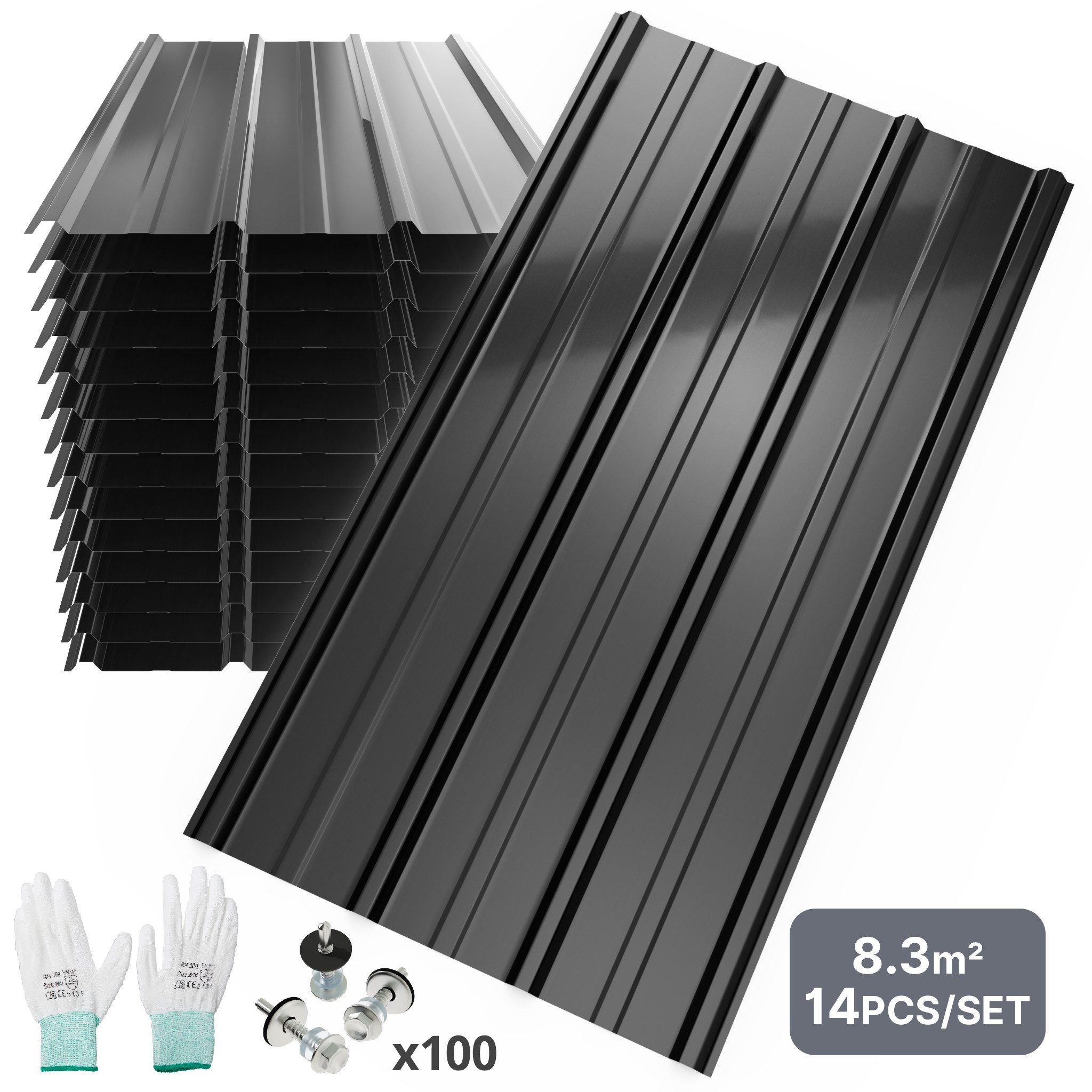 Mondeer Wellplatte Dachplatten(14-tlg), 0,25 mm, (14-St., inkl. 100 Schrauben), Trapezblech-Set, 8,3 m² Abdeckfläche, 105*57cm, Dunkelgrau