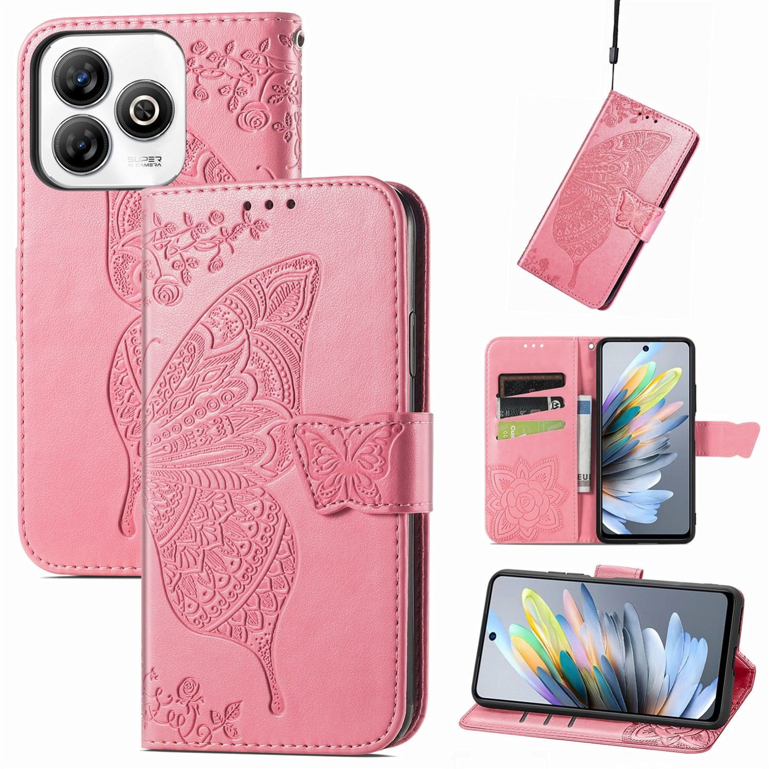 Wigento Smartphone-Hülle Für ZTE Blade A75 4G Kunstleder Schmetterling Wallet Hülle Tasche Pink, Kunst-Leder Schutzhülle Smart Case Cover magnetischer Verschluss