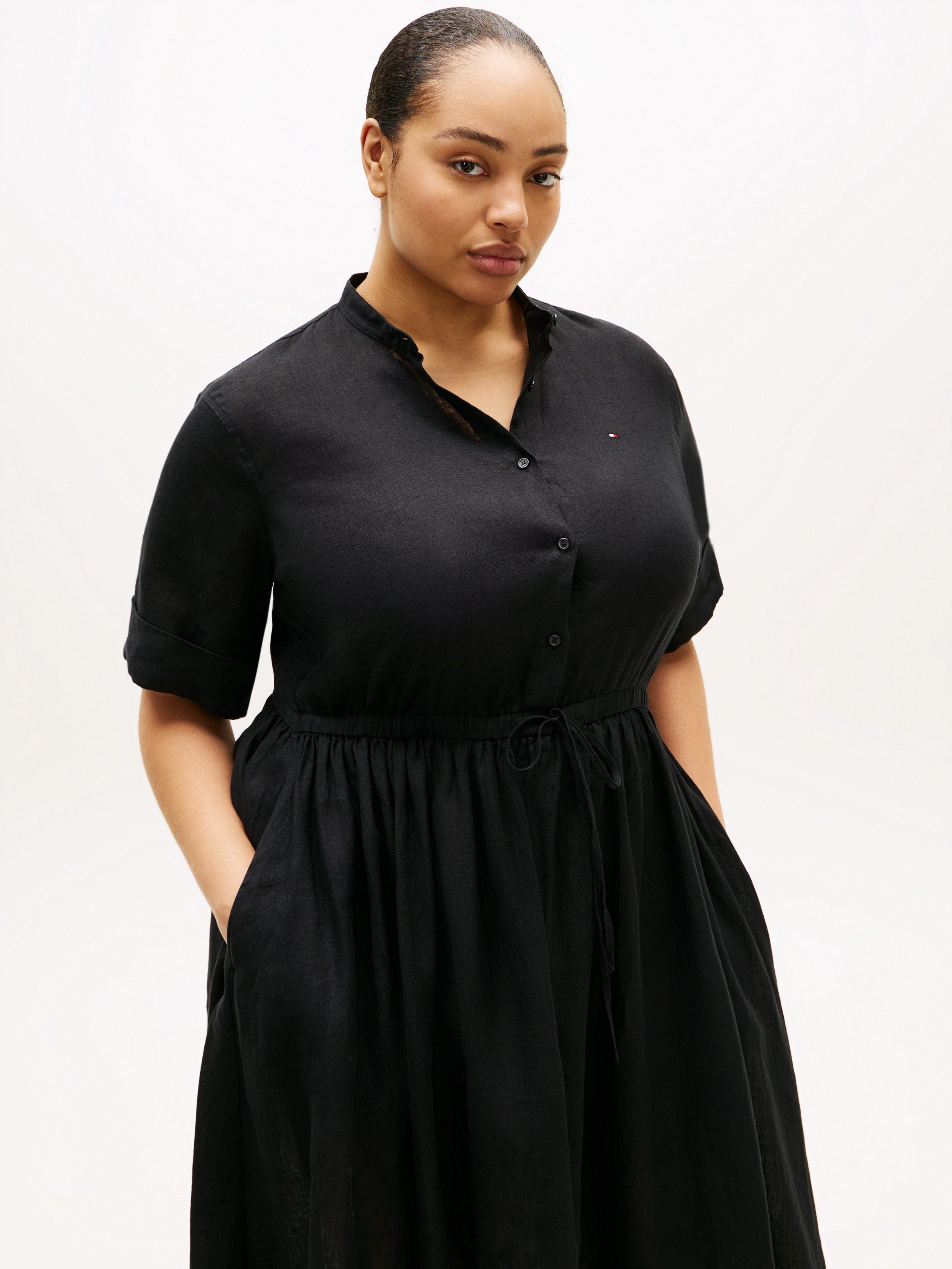 Tommy Hilfiger Curve Midikleid CRV LINEN MIDI SHIRT DRESS SS in großen Größen, Taille mit Bindeband