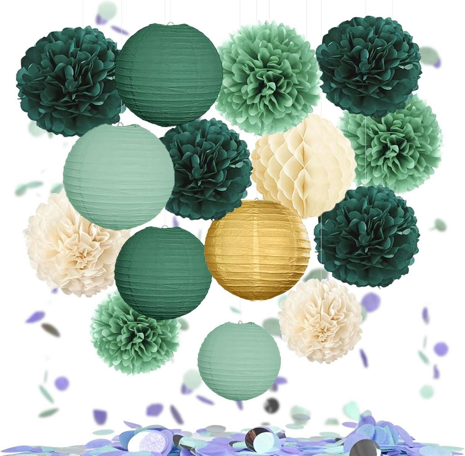 Hängedekoration Pompoms Pompons Wabenbälle Girlande Geburtstag Deko 15er Set Green Elf