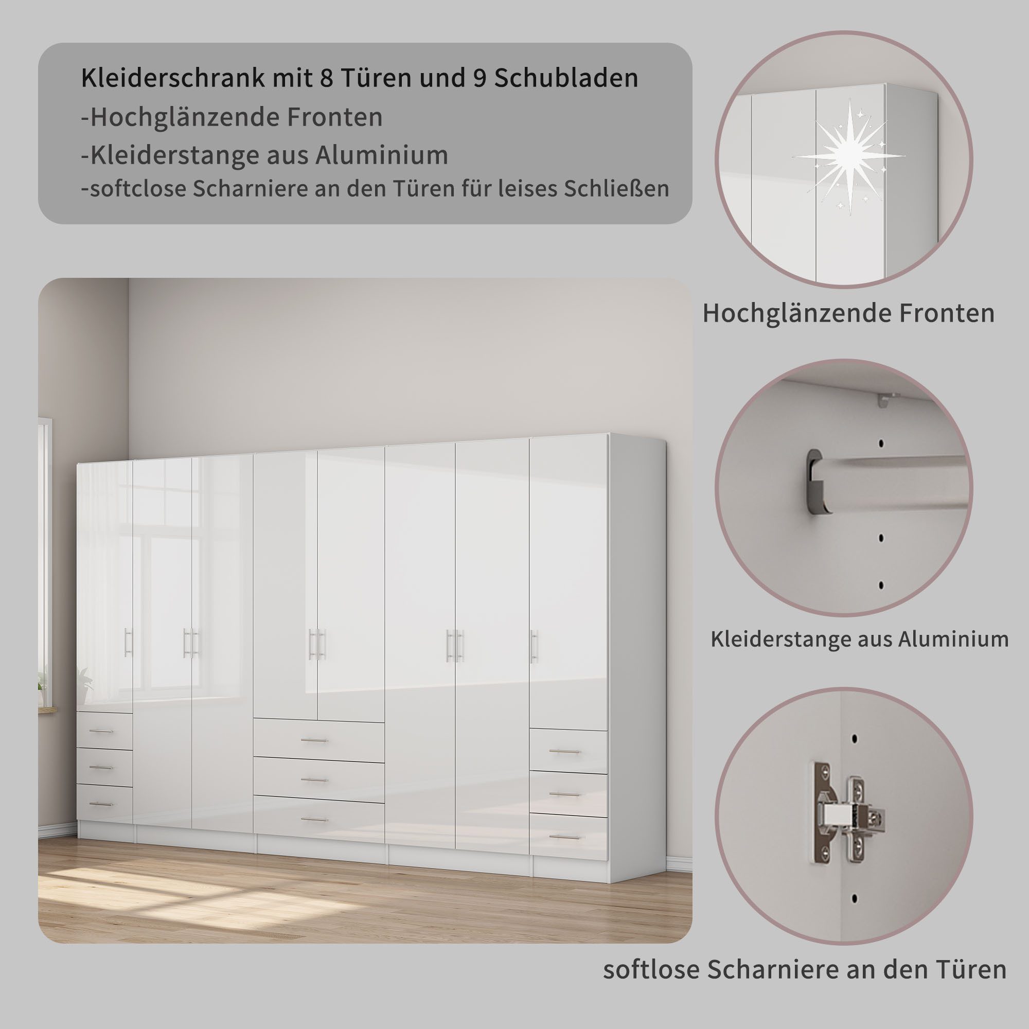 OTTO home Kleiderschrank Trento Schlafzimmerschrank Garderobe hochglanz Schrank mit 8 Türen und 9 Schubladen, hochglänzende Fronten