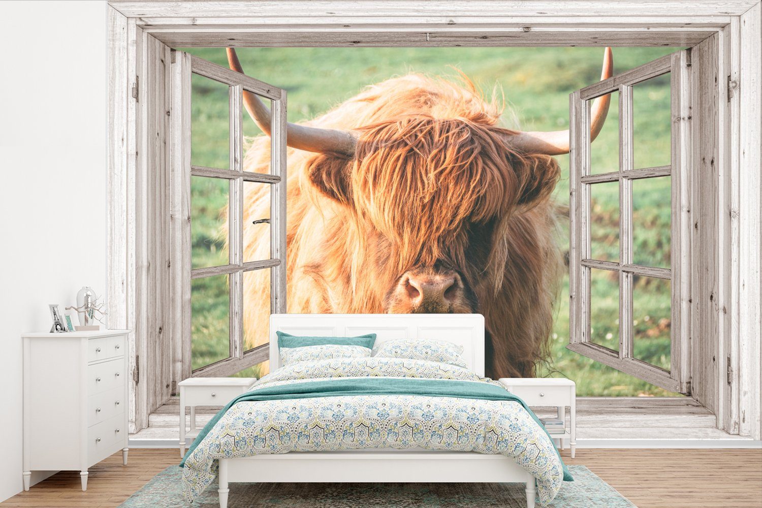 MuchoWow Fototapete Schottischer Highlander - Ansicht - Fenster - Tier, Matt, bedruckt, (6 St), Wallpaper für Wohnzimmer, Schlafzimmer, Kinderzimmer, Vinyl Tapete