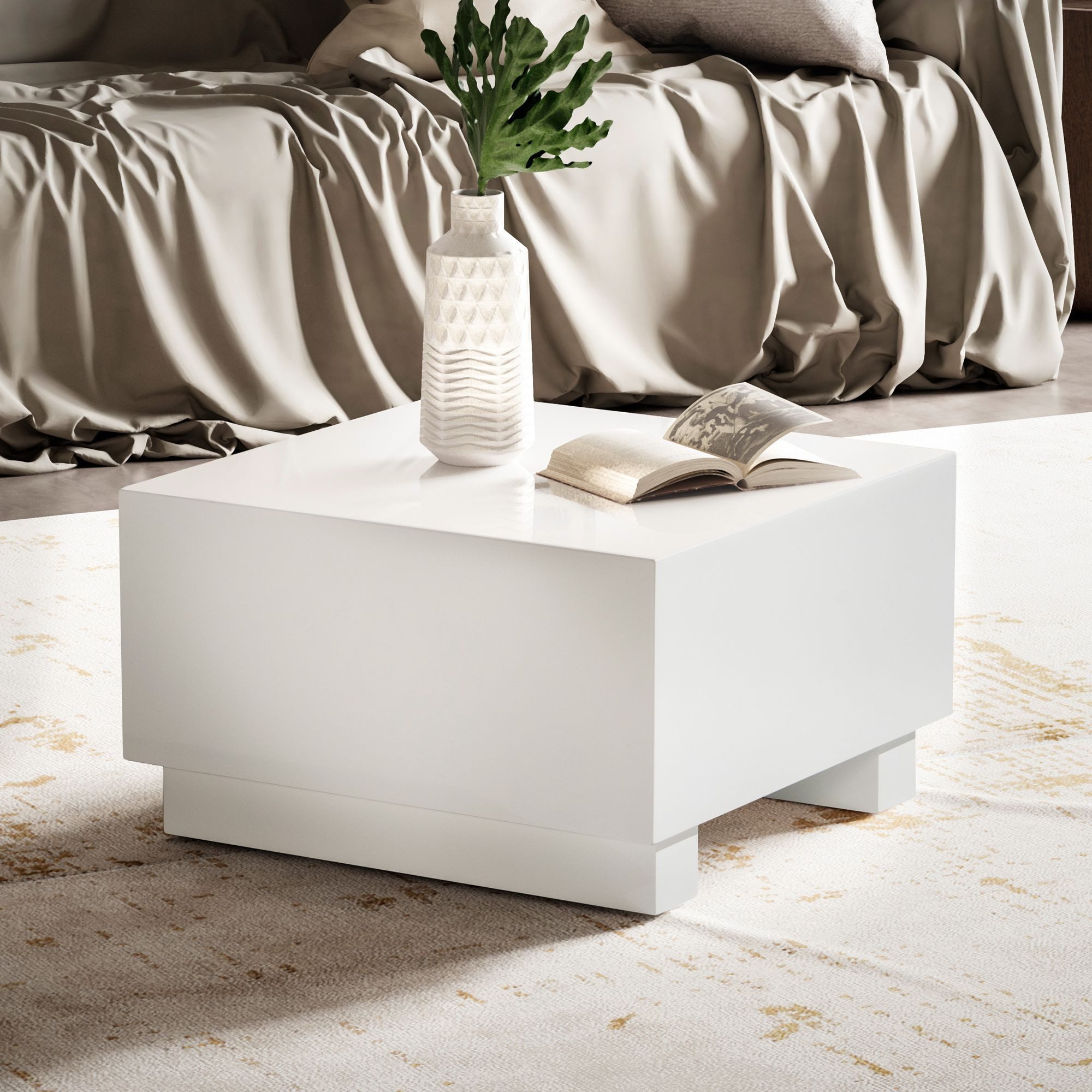FINEBUY Couchtisch FB100042 Sofatisch MONOBLOC Weiß Hochglanz 60x60 cm Wohnzimmertisch (MONOBLOC 60x60x35 cm MDF Hochglanz Cube Würfel), Kaffeetisch Klein Quadratisch, Sofatisch Weiß