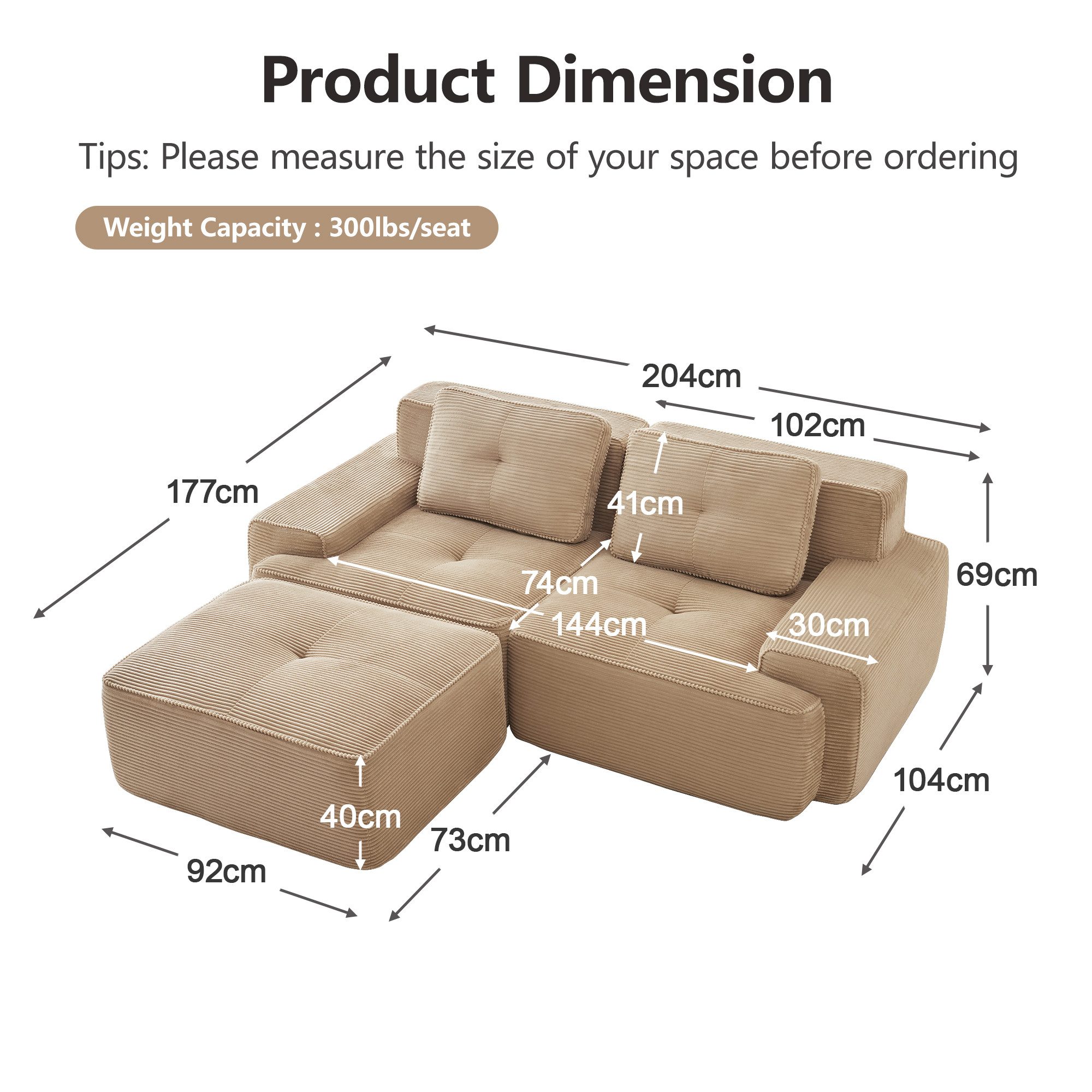 Leawin Sofa Boneless Modulsofa L-förmig Corduroy Tiefsitz mit Ottoman, Mode günstig online kaufen