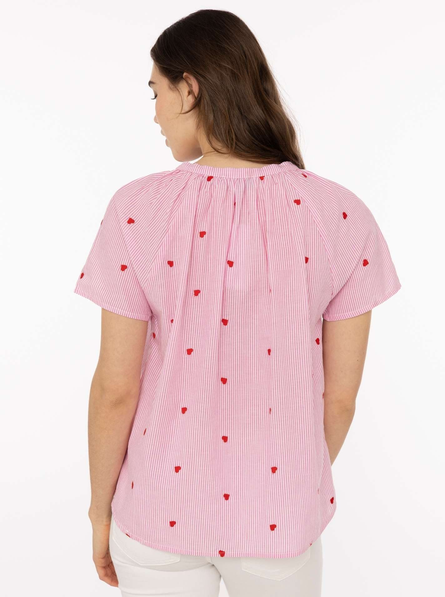 Zwillingsherz Kurzarmbluse "Stripe & Stitch" Kurzarm, mit Stickerei, Tunnelzug und Tasseln