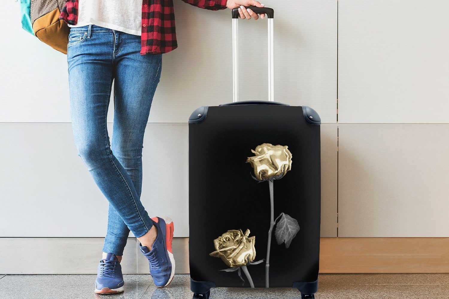 für rollen, MuchoWow Reisekoffer Handgepäckkoffer Reisetasche - Schwarz, Blume Trolley, - 4 mit Ferien, Weiß Handgepäck Rollen,