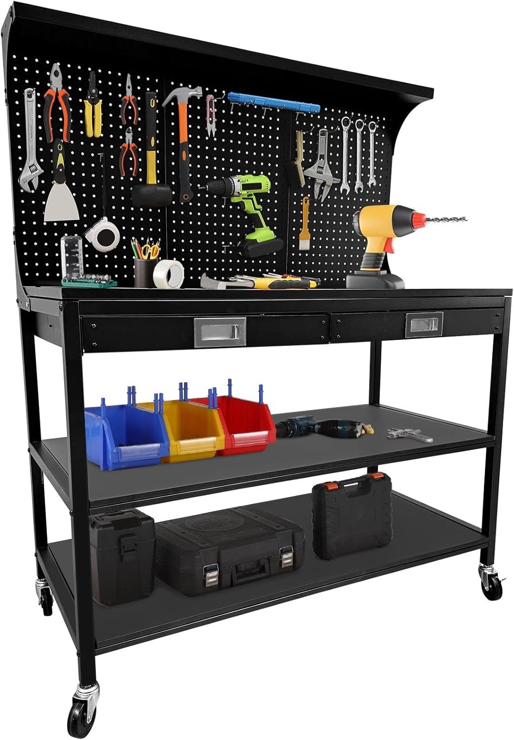 GarveeMore Werkbank aus Metallstahl,3 Ablagefächer,Lochwand,2 Schubladen und Ablage, multifunktionale robuster Werkzeugtisch für Werkstatt,Zuhause und Büro