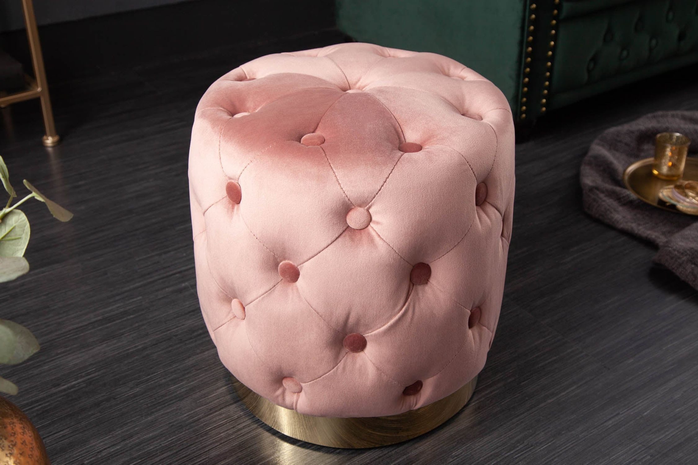 Licht-Erlebnisse Hocker LAURA, Samt Metall Ø 37 cm H: 38 cm klein Rosa Gold Chesterfield Pouf Hocker