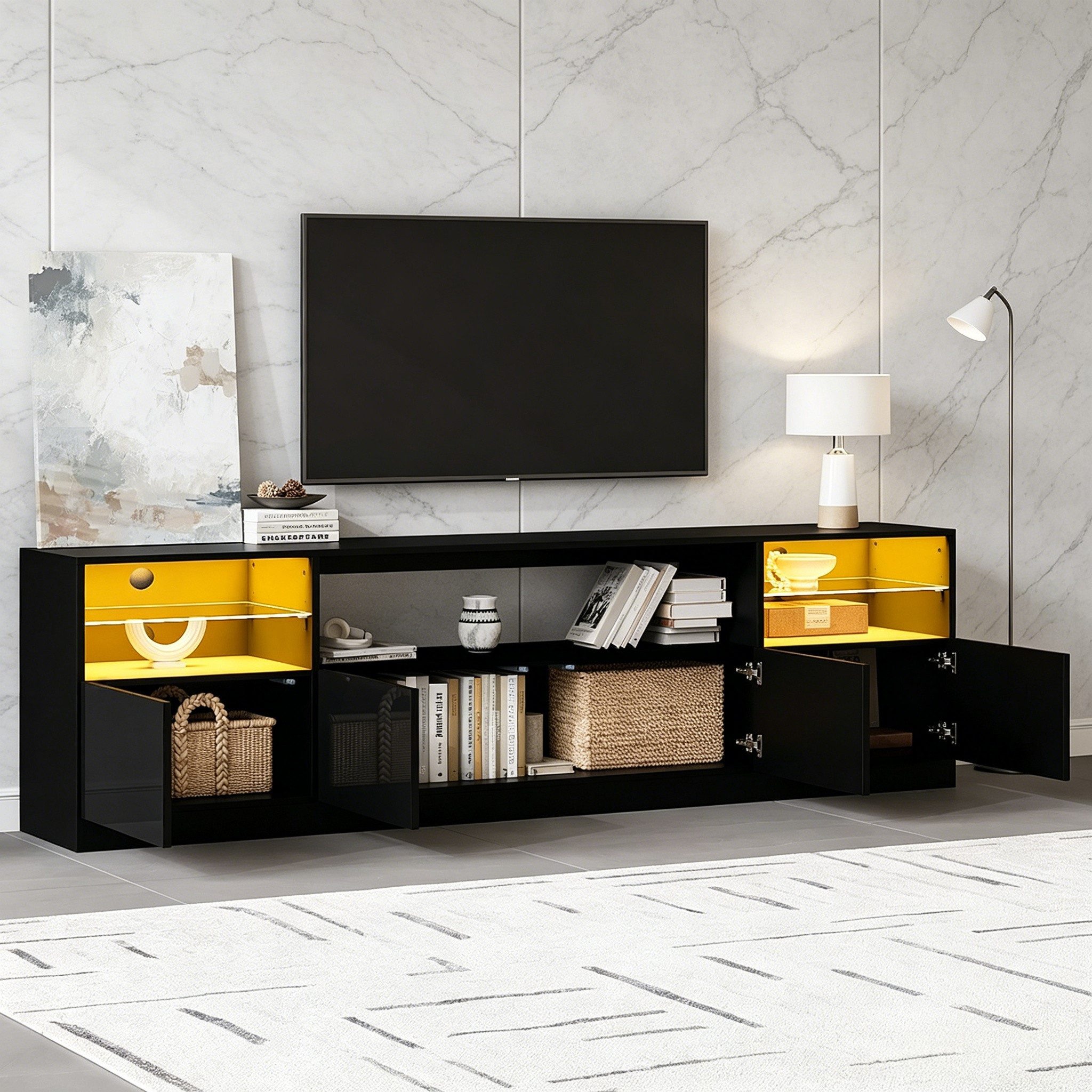 STILVORA Lowboard Hochglanz-TV-Schrank mit LED-Beleuchtung für Fernseher bis zu 75 Zoll (4 Türen, LED-Licht, Flügeltüren, Glasböden, Hochglanz, 180×35×60cm, Spanplatte, gehärtetes Glas, stabil, pflegeleicht), für Wohnzimmer, Esszimmer und moderne Entertainment-Bereiche