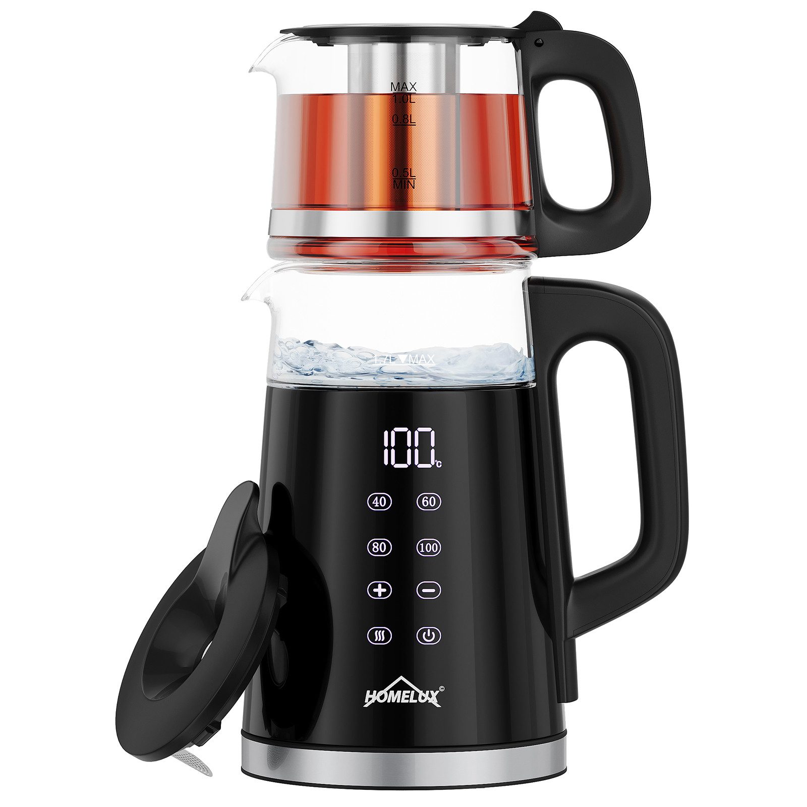 HOMELUX Wasserkocher Glas 2in1 Teekocher Edelstahl 1,7L mit Warmhaltefunktion, Teetrichter, 1.7 l, 2200 W, Großes Display mit Temperaturvorwahl 2Std Isolierung BPA-Frei