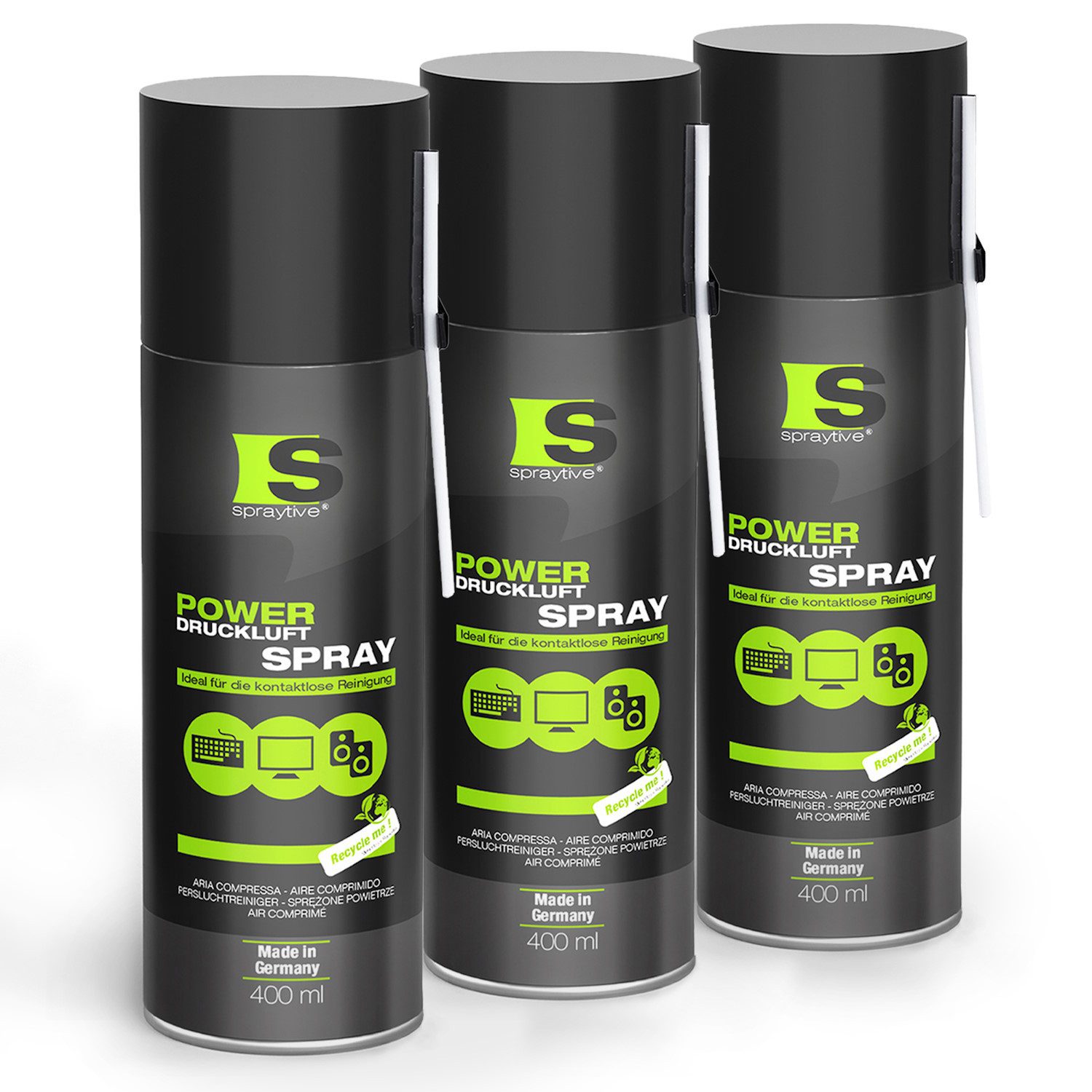 Spraytive 3x 400ml Druckluftspray - Druckluftreiniger Air Duster Luftdruckspray Druckluftreiniger (Made in Germany)