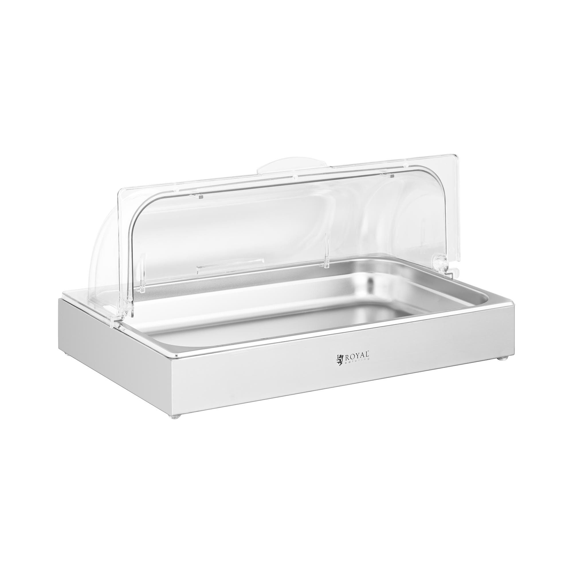 Royal Catering Buffet-Vitrine Buffetvitrine Servierplatte mit Deckel Buffetplatte GN 1/1 Edelstahl, Edelstahl, Kunststoff (Polycarbonat)