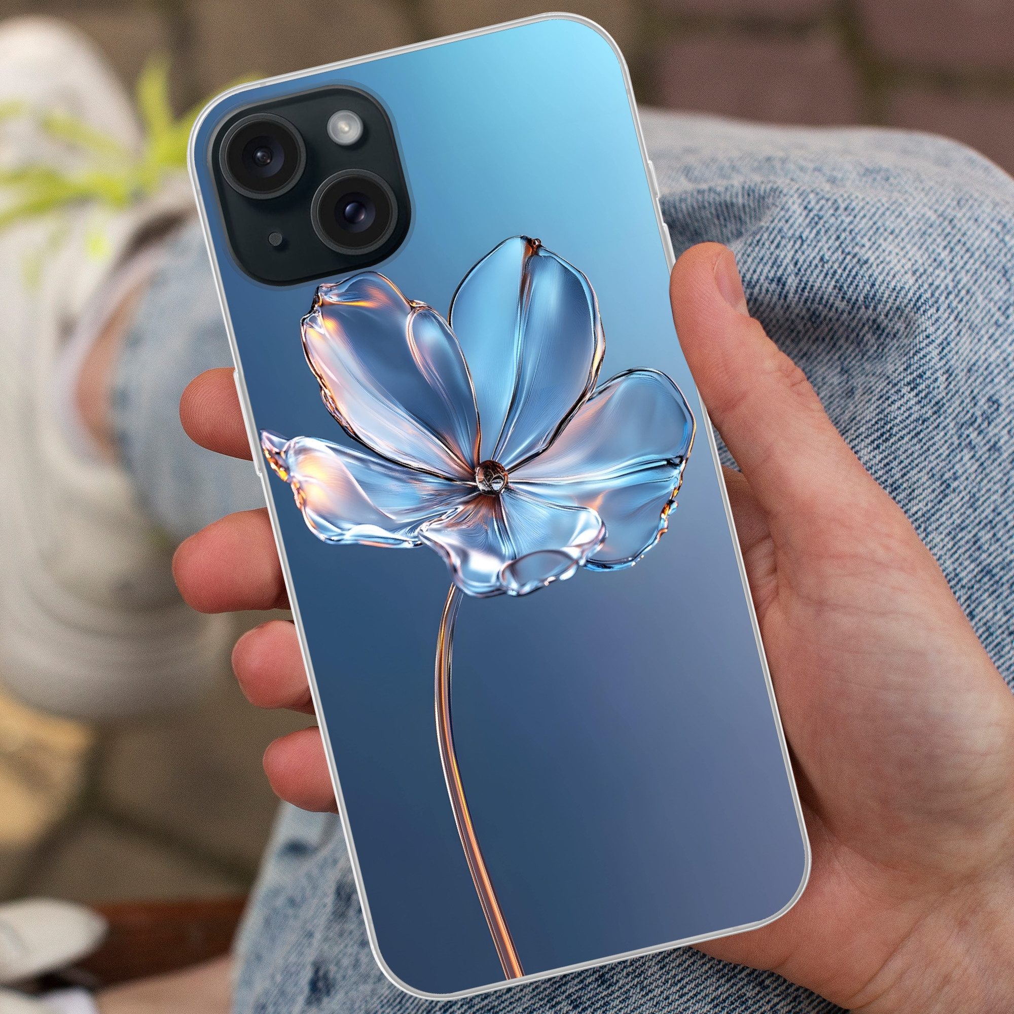 MuchoWow Handyhülle für Apple iPhone 15 Plus Blau - Blume - Gläser - Verziert, Smartphone-Bumper, Print, Handy Schutzhülle Dünn
