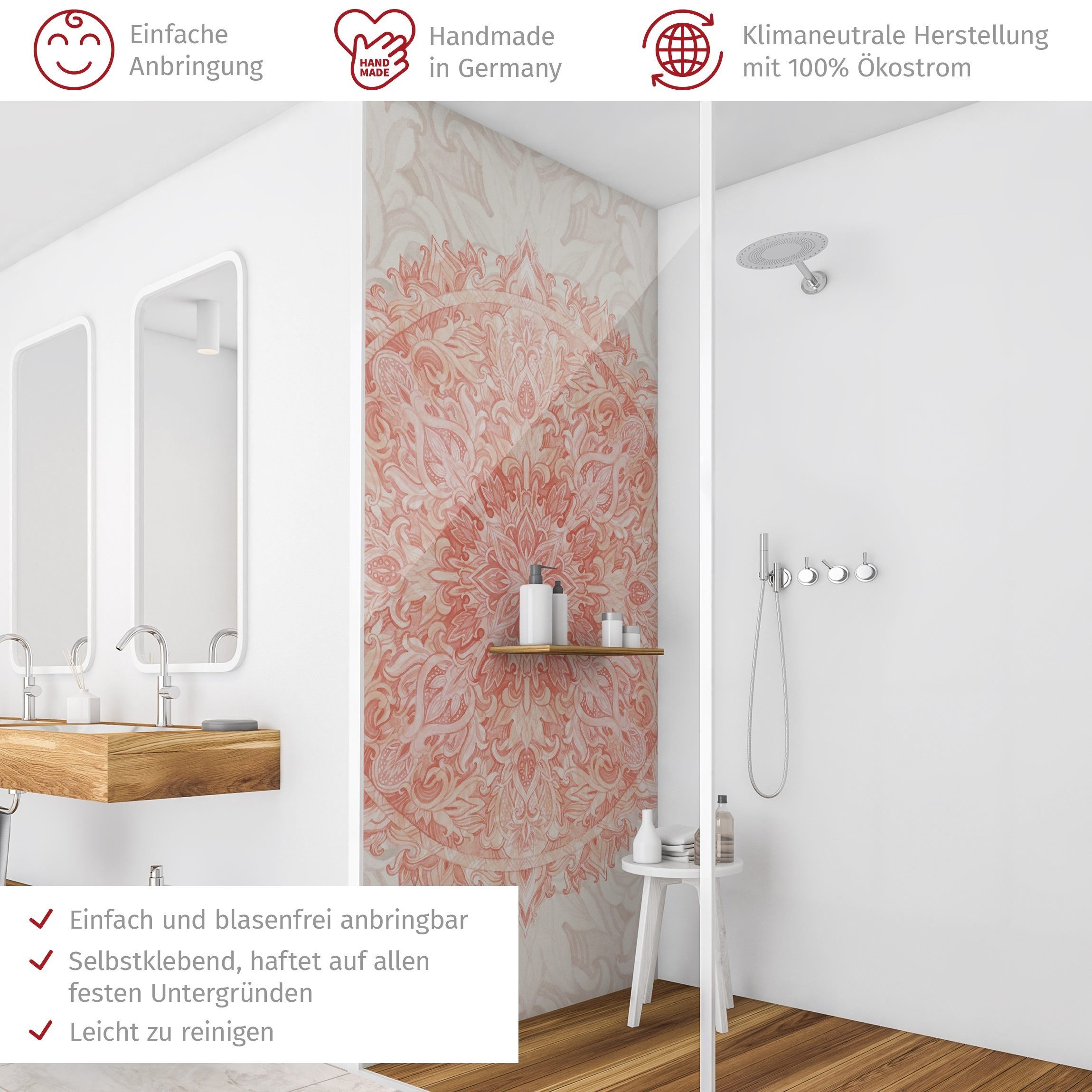 Thumbnail - Bilderdepot24 Badrückwand Mandala beige Duschrückwand ohne Bohren Dusche Aquarell, (1-tlg., Hart-Folie Premium matt 0,61...
