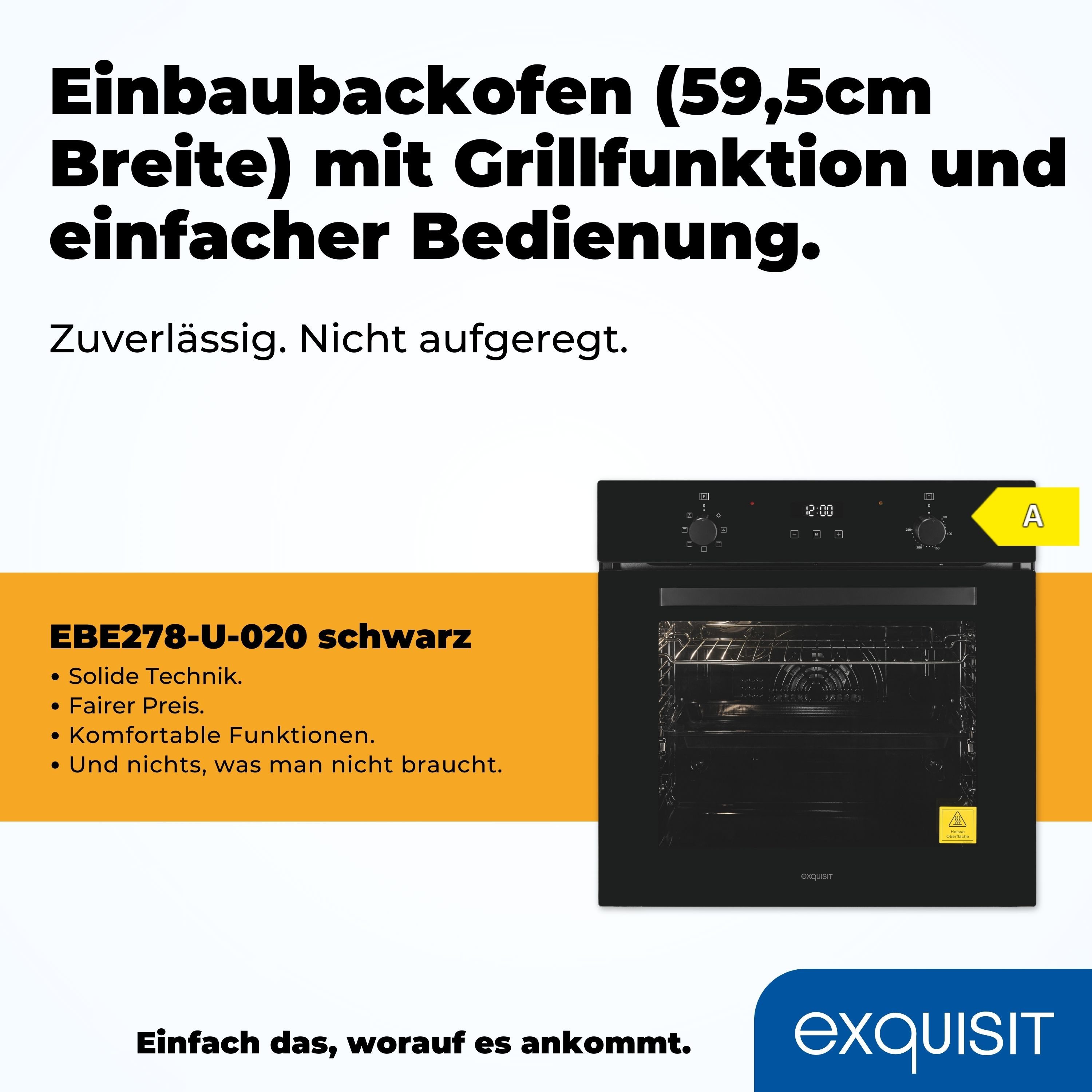 exquisit Einbaubackofen EBE278-U-020 schwarz, mit Teleskopauszug nachrüstbar, Perfekt für den Alltag – einfach backen, grillen & Aufläufe genießen!