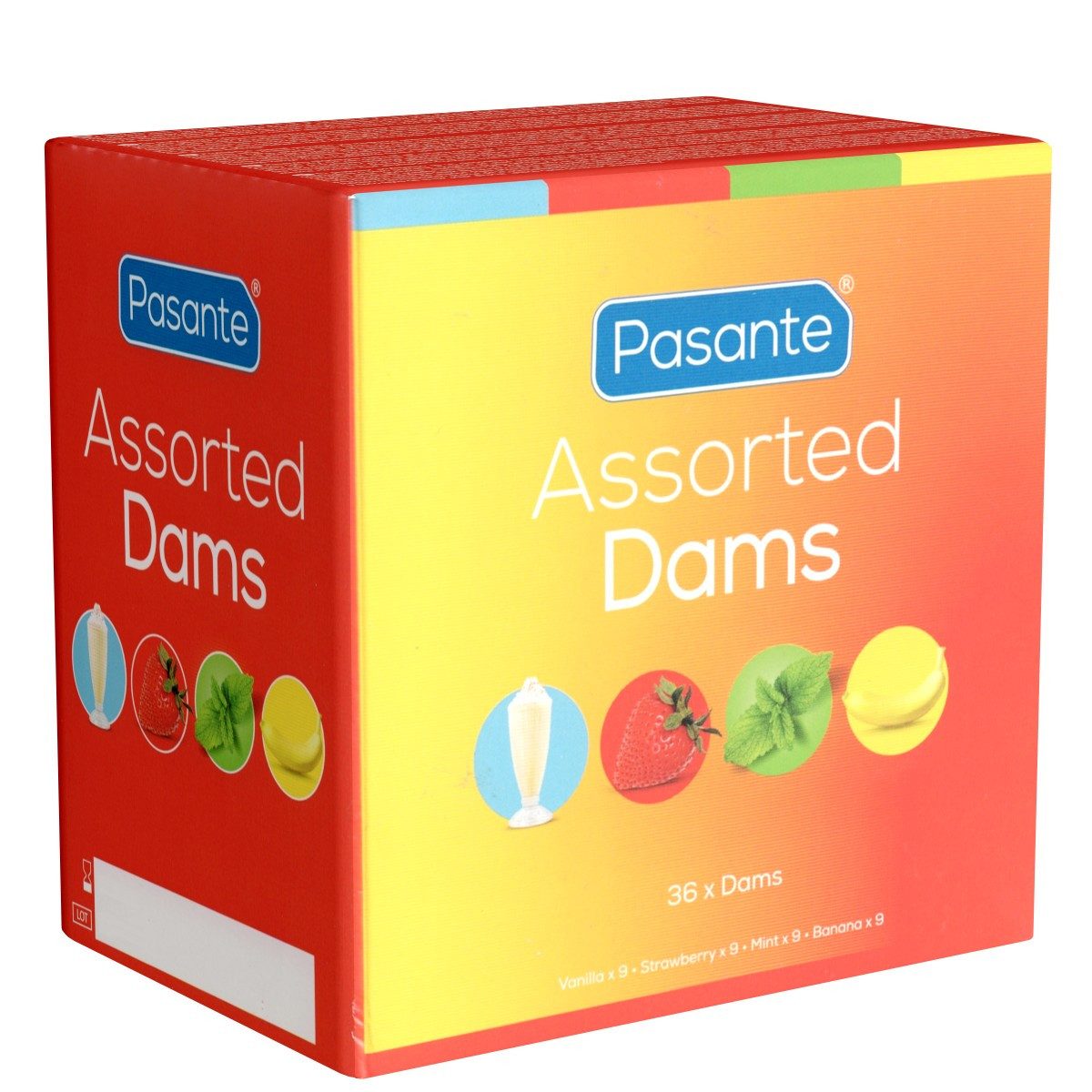 Pasante Kondome Assorted Dams Packung mit, 36 St., aromatisierte Lecktücher für hygienischen Oralverkehr