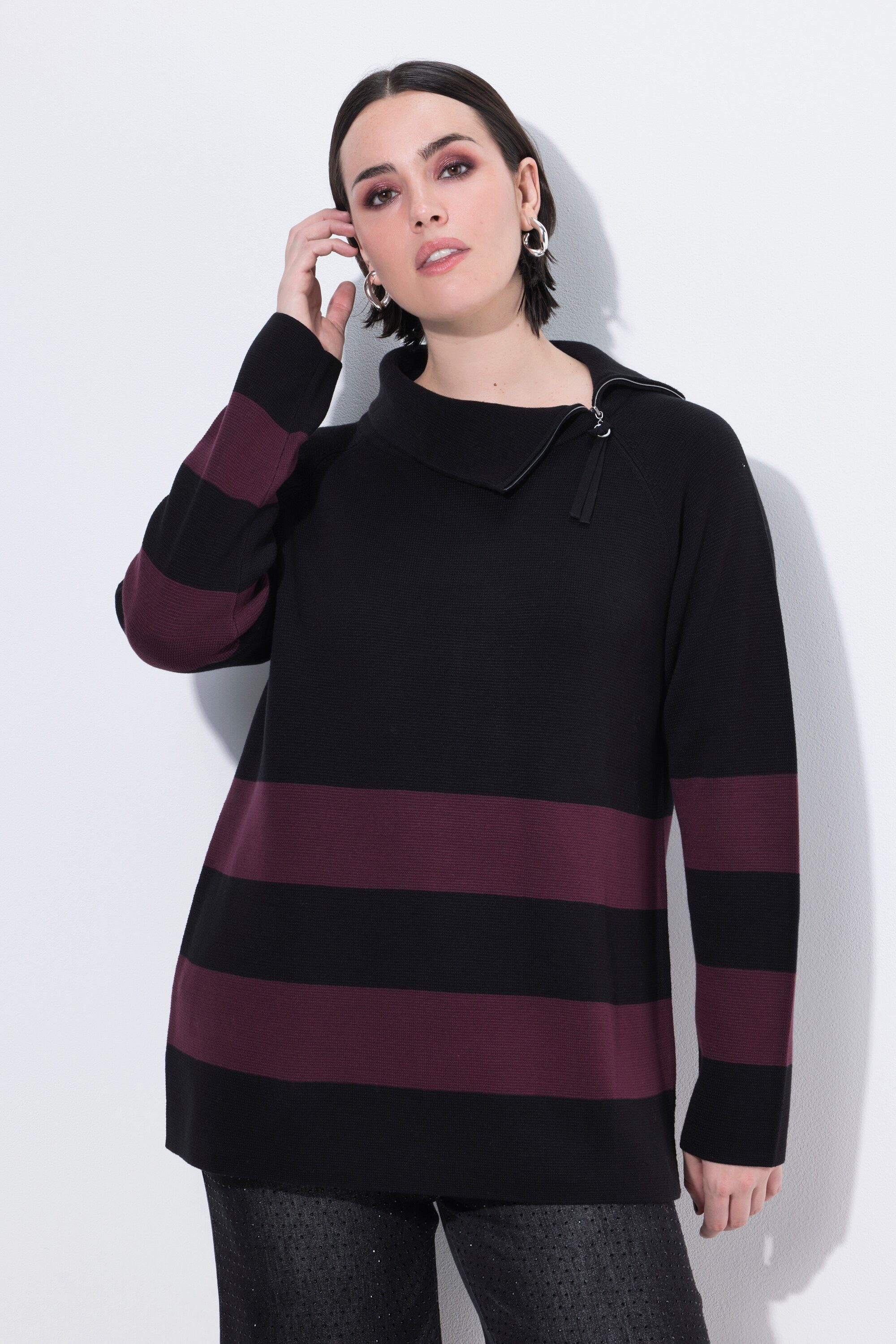 Ulla Popken Strickpullover Pullover Blockstreifen Rollkragen Zipper günstig online kaufen