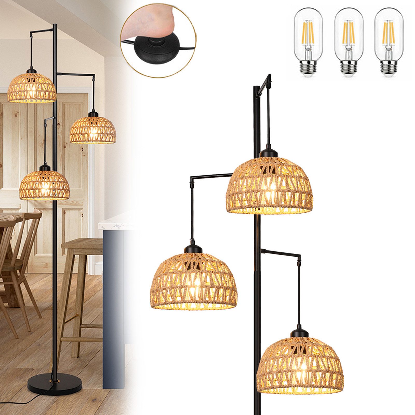 Stehlampe 3 Flammig Boho-Rattan LED Stehlampe Dimmbar mit Leuchtmittel