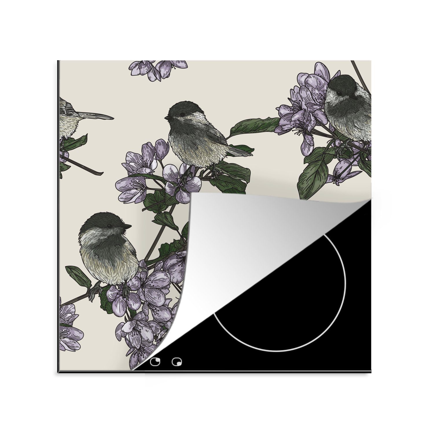 Muster, (1 - für - küche tlg), MuchoWow Vinyl, Vogel cm, Herdblende-/Abdeckplatte Blume Ceranfeldabdeckung, 78x78 Arbeitsplatte