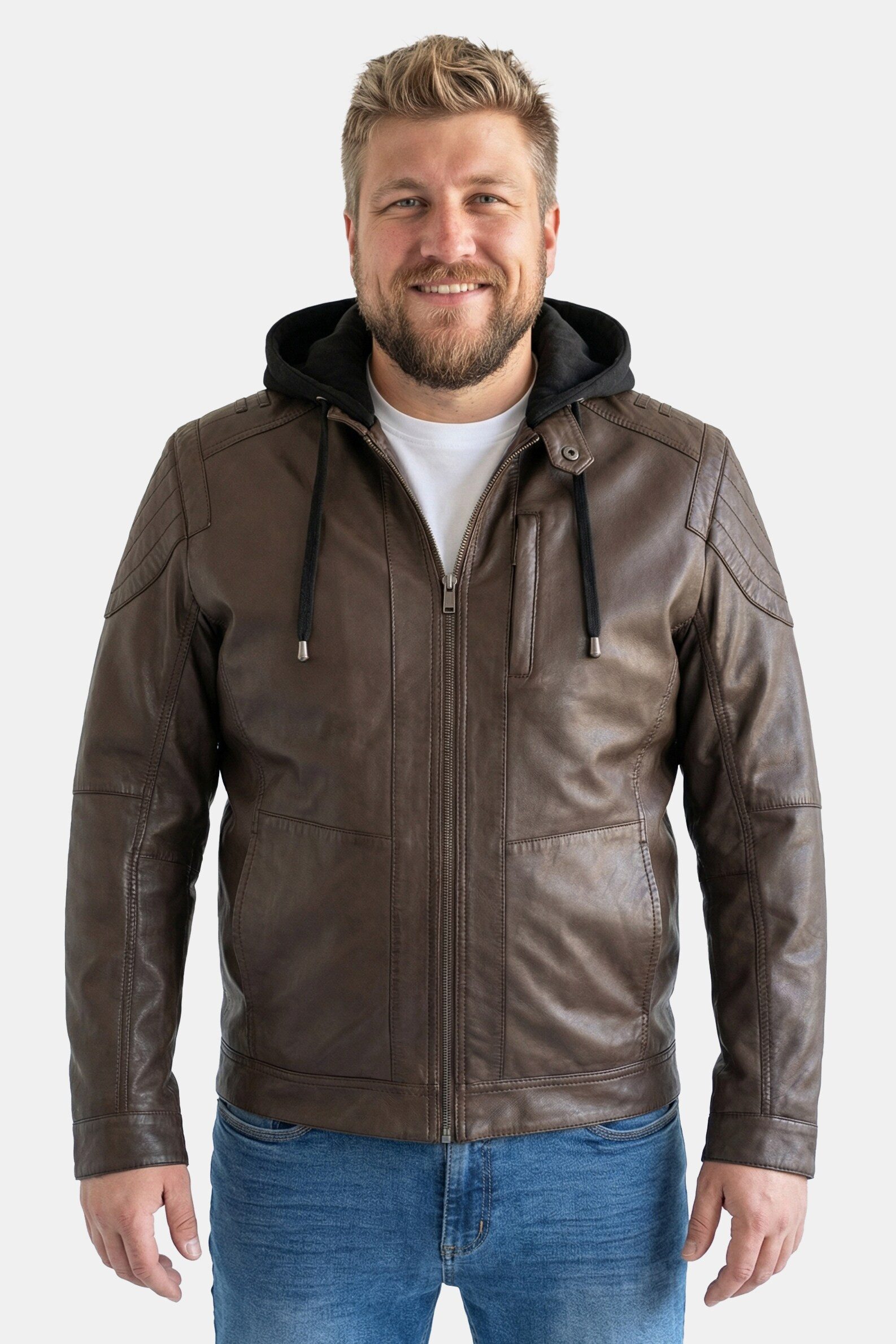 Men Plus Lederjacke Lederjacke Leder abnehmbare Jersey-Kapuze Zipper