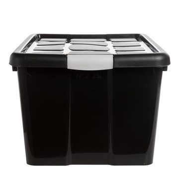 Centi Aufbewahrungsbox 4er Set Aufbewahrungsbox mit Deckel Groß 25 L (26 x 42 x 35 cm), Plastikbox mit Clip-Deckeln Stapelbar Schwarz