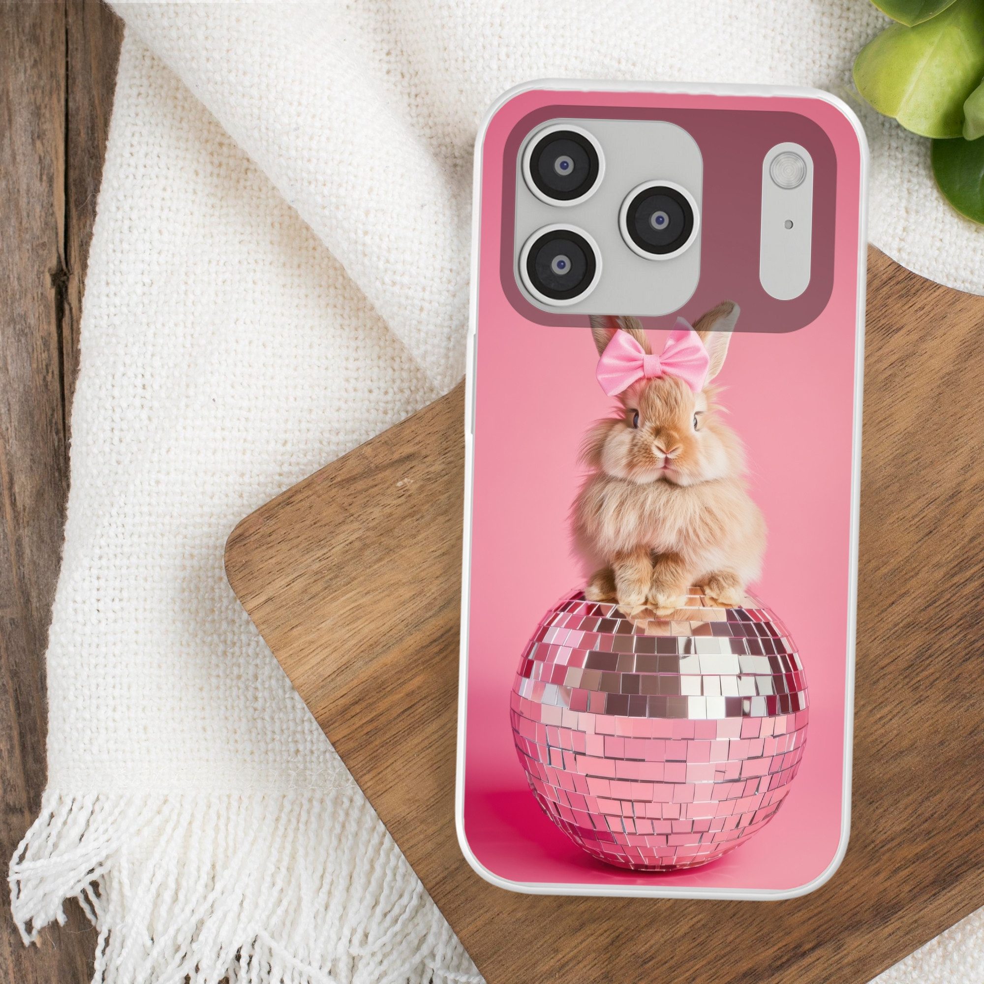 MuchoWow Handyhülle für Apple iPhone 17 Pro Schleife - Discoball - Kaninchen, Smartphone-Bumper, Print, Handy Schutzhülle Dünn