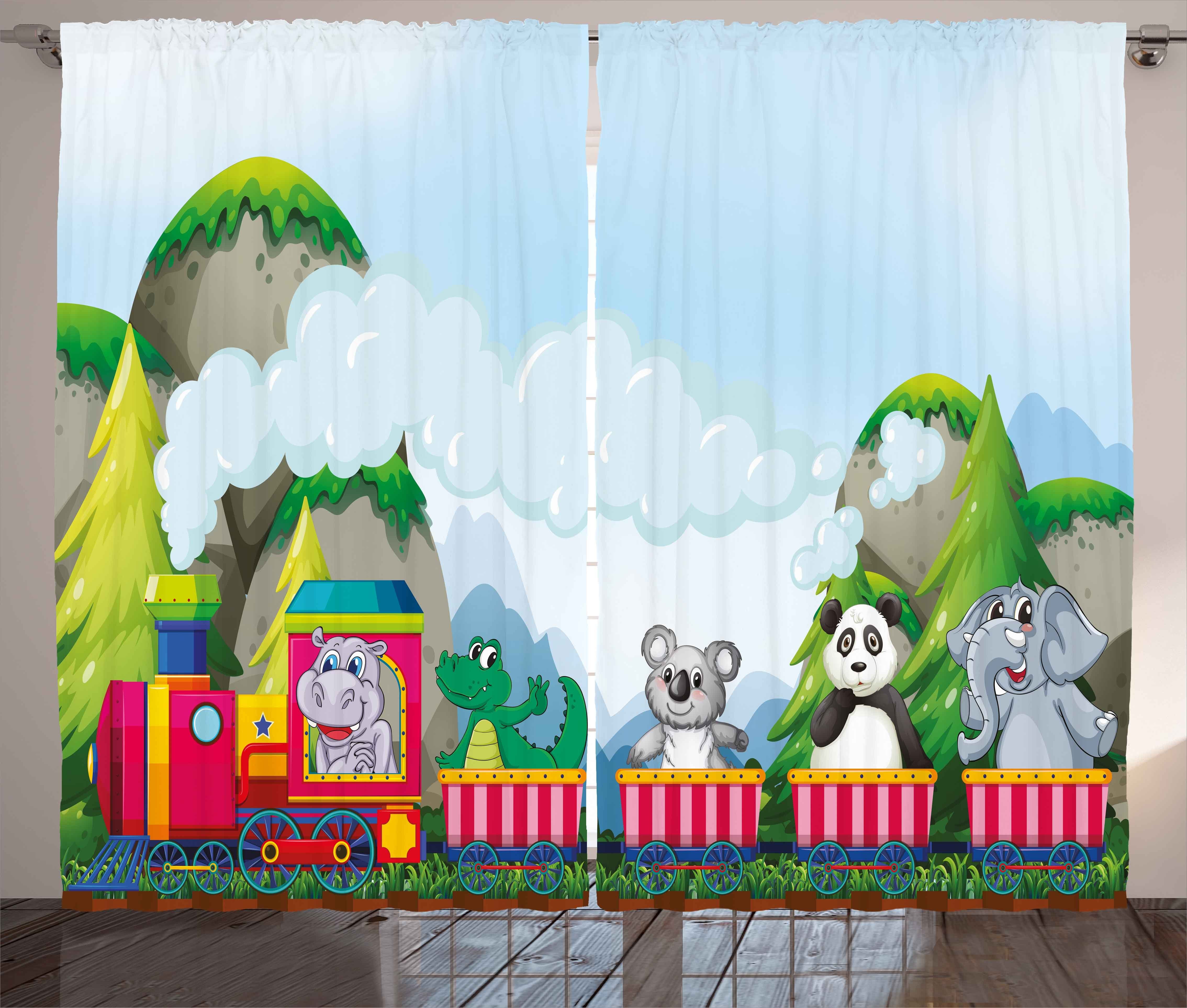 Gardine Schlafzimmer Kräuselband Vorhang mit Schlaufen und Haken, Abakuhaus, Kindergarten Cartoon Tiere auf Zug