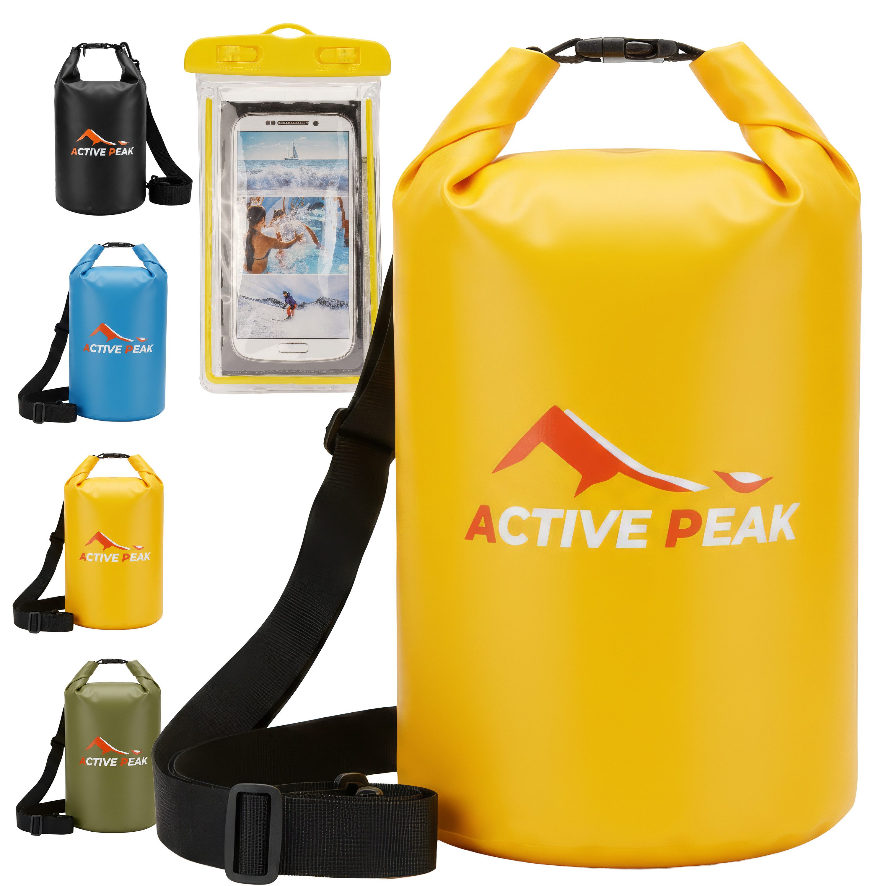 Active Peak Drybag Wasserdichte Tasche & Packsack (inkl. Wasserdichter Smartphone Hülle, 2-tlg), Waterproof Bag Seesackfür SUP, Kajak, Strand, Wassersport, Outdoor uvm
