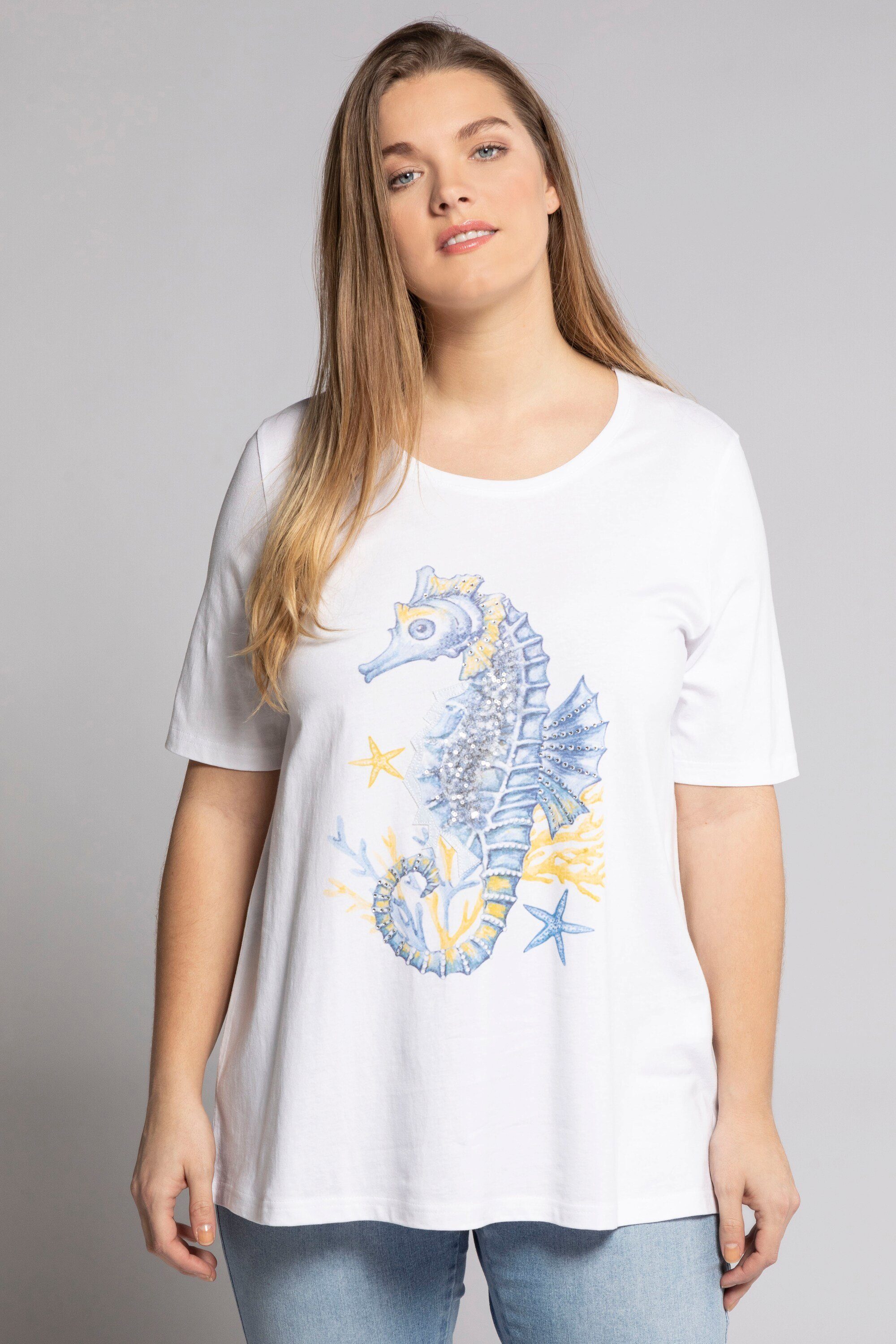 Ulla Popken Rundhalsshirt T-Shirt Seepferdchen A-Linie Rundhals Halbarm