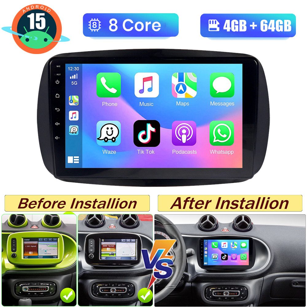 A-Sure 8-Core Android 15 Carplay Navi Für Smart Fortwo 453 2014-2022 Low-End Autoradio (Digitalradio (DAB), FM, AM, 1280*800 IPS Screen/4+64G/8-Core CPU)