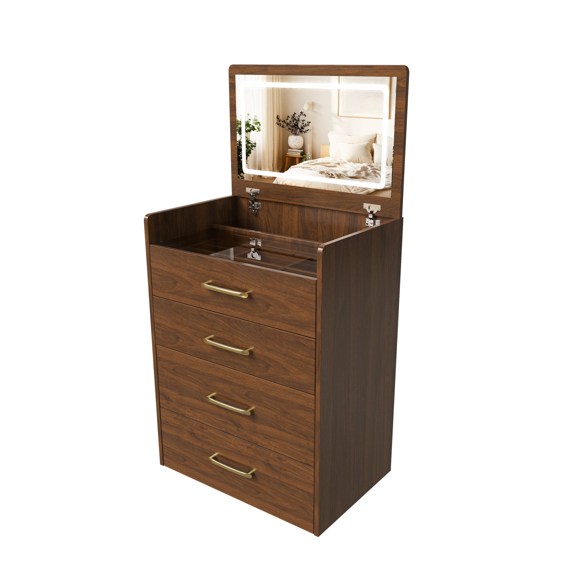 KLAM HOME Schminktisch 3-in-1 Schminktisch Weiß/Walnuss mit Glasplatte, nutzbar als Sideboard (Kompakter Kosmetiktisch mit 3 Schubladen & platzsparendem Hocker), Multifunktionaler Frisiertisch aus MDF für Schlafzimmer und Wohnraum