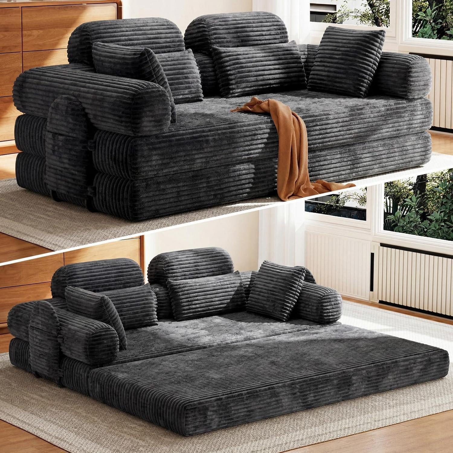 LuxusKollektion Schlafsofa Schlafsofa 200cm Boneless Bodensofa Schlaffunktion Cord Grau, Schlaf Couch