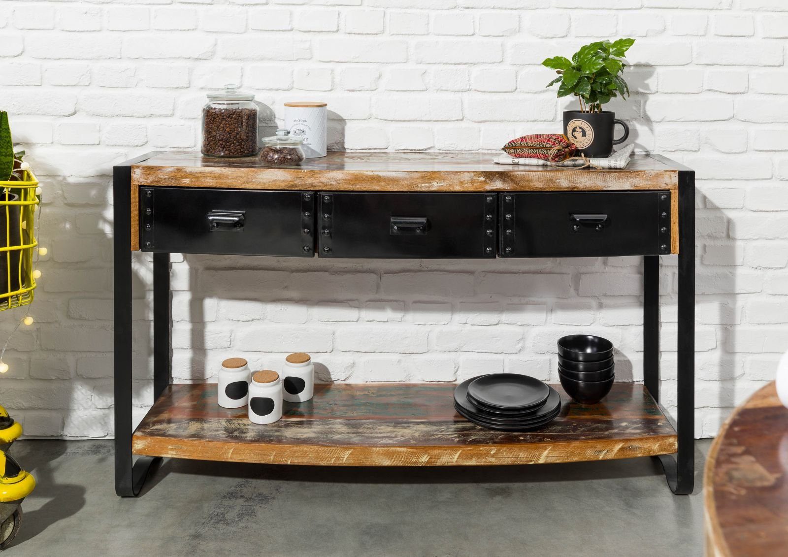 Massivmoebel24 Konsolentisch INDUSTRIAL#42 (Massivholz, Massivholztisch), Konsolentisch Altholz 135x35x80 mehrfarbig lackiert INDUSTRIAL #42