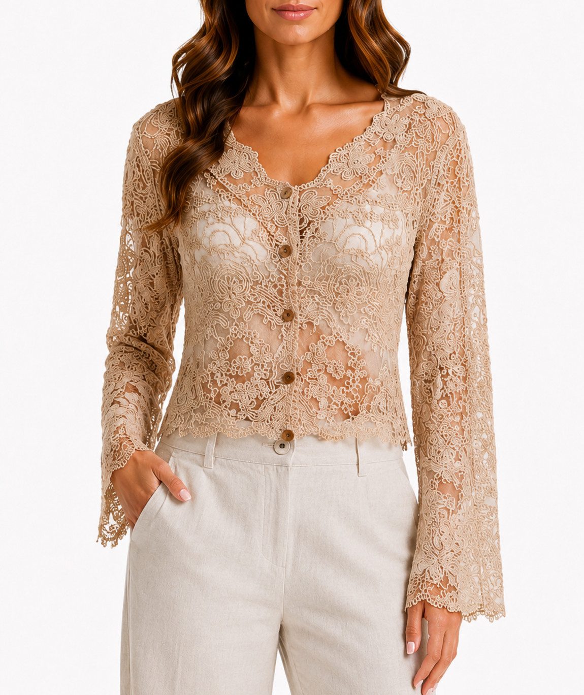 Mississhop Spitzenbluse Damen Spitzenbluse kurz mit Knopfleiste – Boho Spitze Bluse S/M