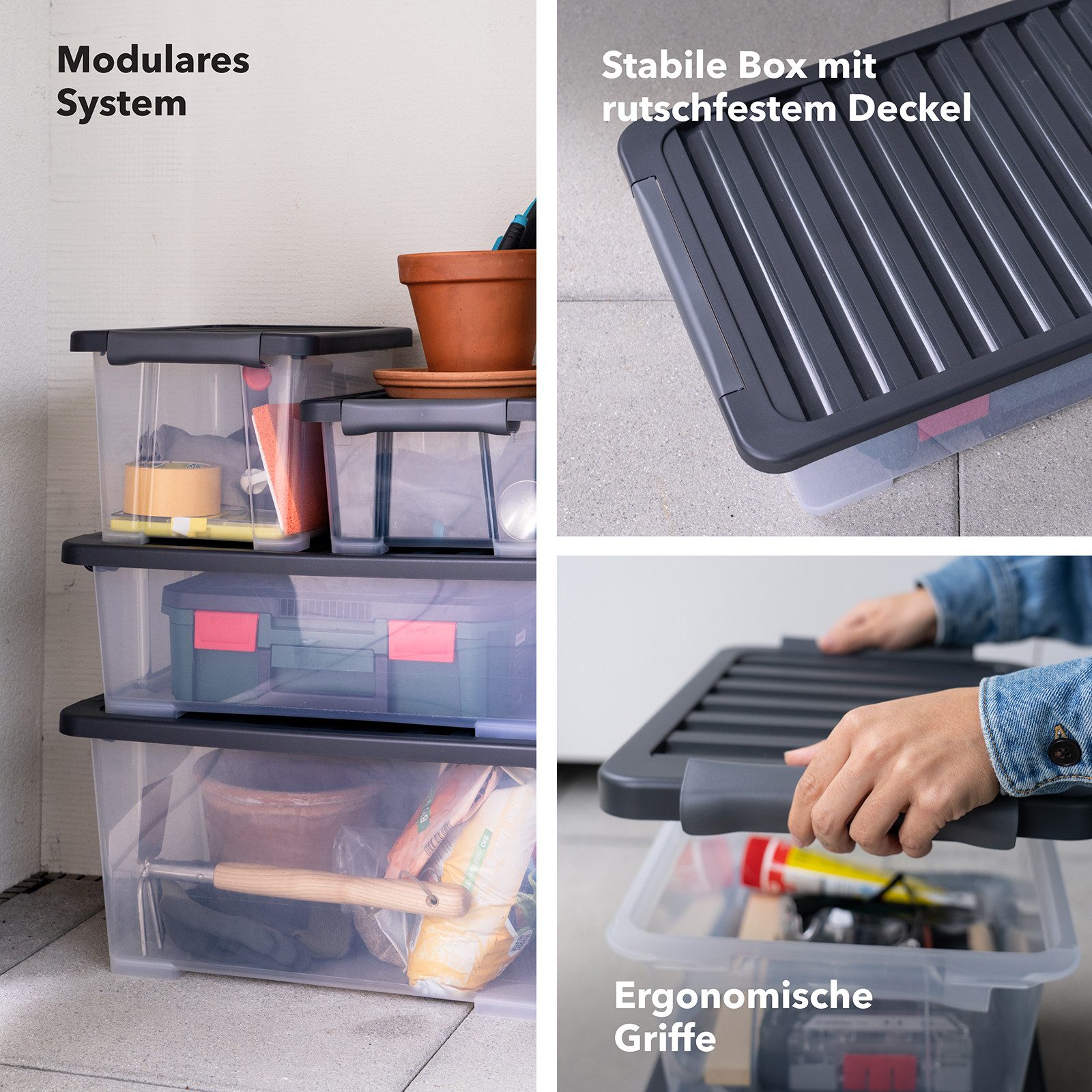 ROTHO Aufbewahrungsbox 4er-Set CORE PLUS 15 L stapelbare Box mit Deckel (Lagerboxen-Set, 4er-Set), Lagerbox ideal für Spielzeug, Vorräte und Haushaltsartikel – Bild 5 von 5