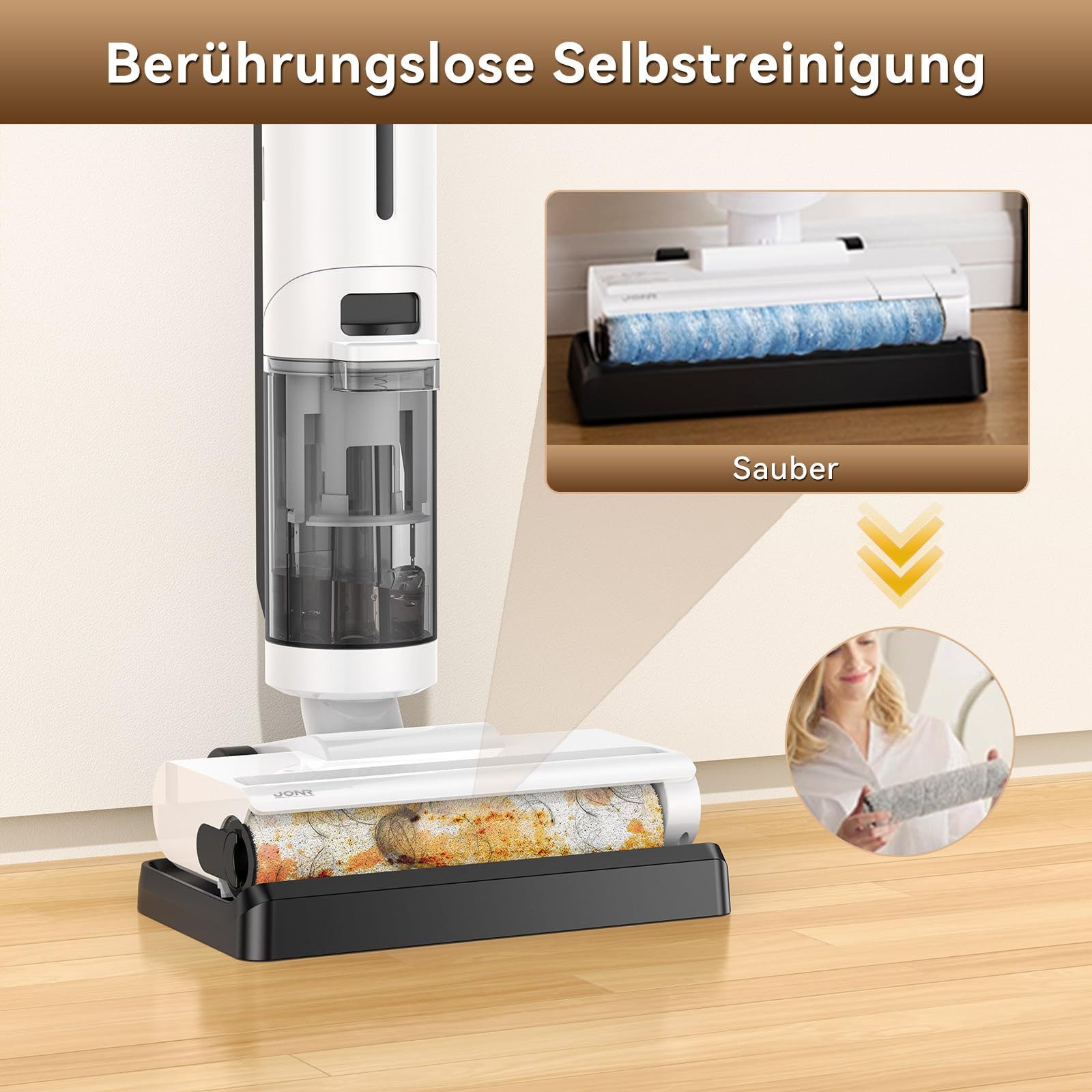 JONR Nass-Trocken-Akkusauger ED12 Lite 1mm Kantenreinigungsbürste, Selbstreinigung Wischsauger, 3,5kg Ultraleicht Staubsauger für haare, 750mL Wassertank, Anti-Verwirrungs-Haar