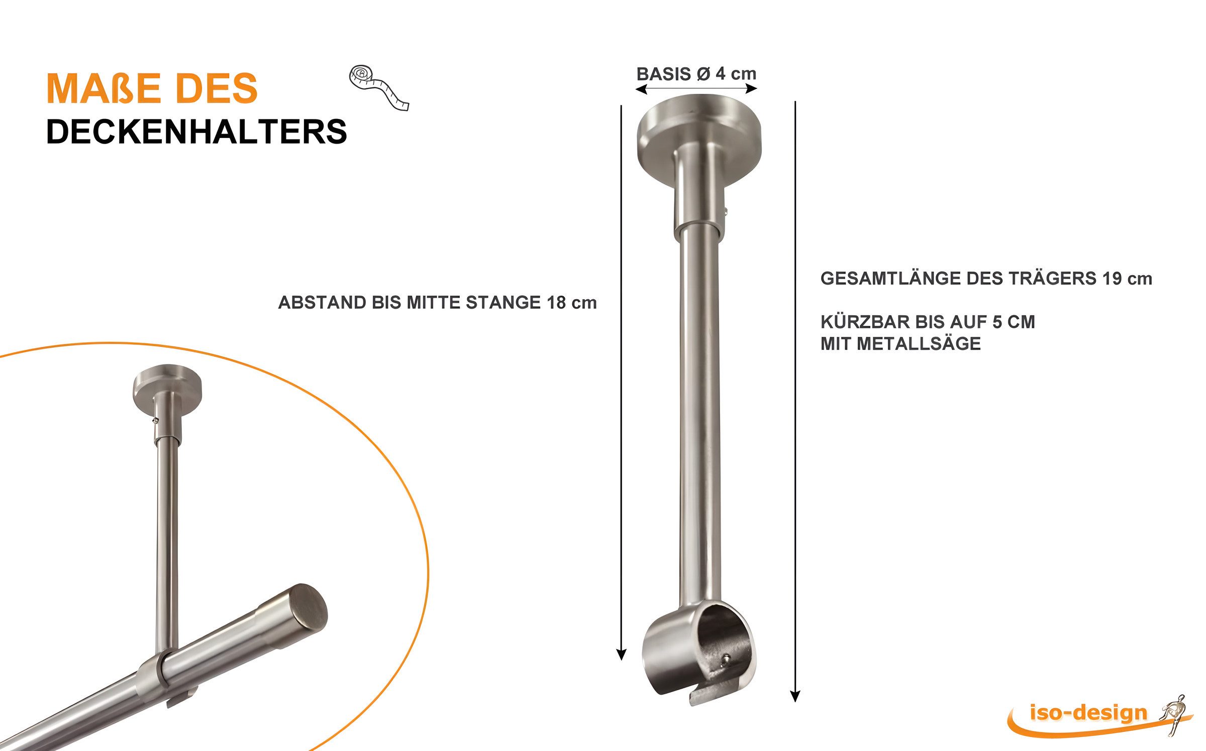 iso-design Gardinenstangenhalter Deckenträger für 20 mm Gardinenstangen großer Deckenabstand kürzbar, 20 mm, (1 Stück), Deckenabstand mit Metallsäge kürzbar – Bild 2 von 5