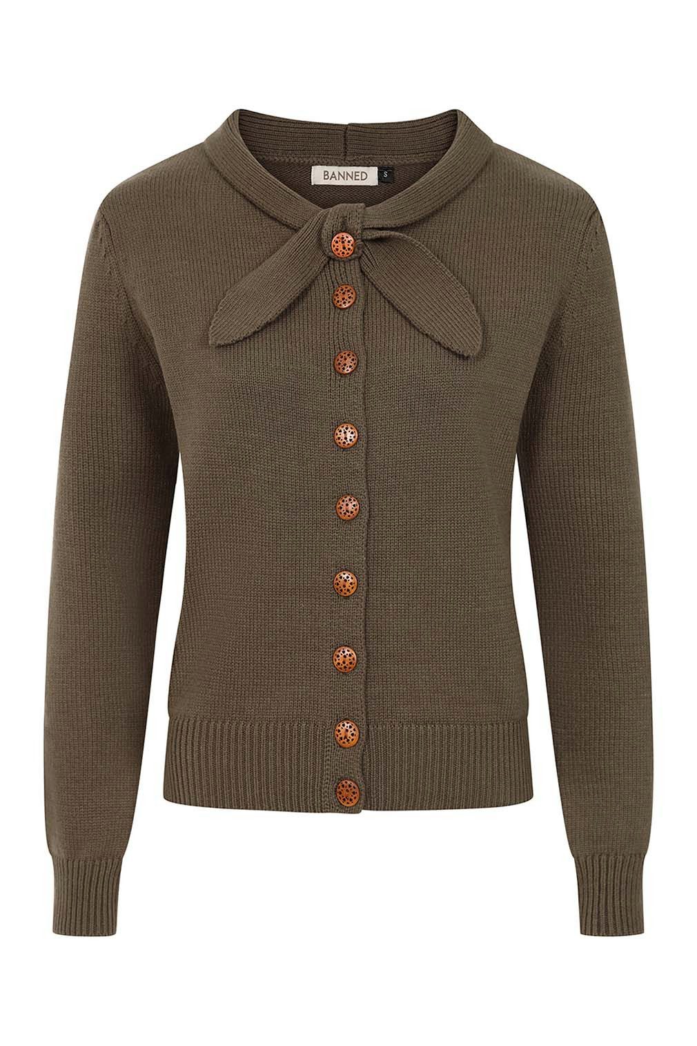 Banned Strickjacke Katy Knot Cardigan Olivgrün Vintage Schluppe Schleife