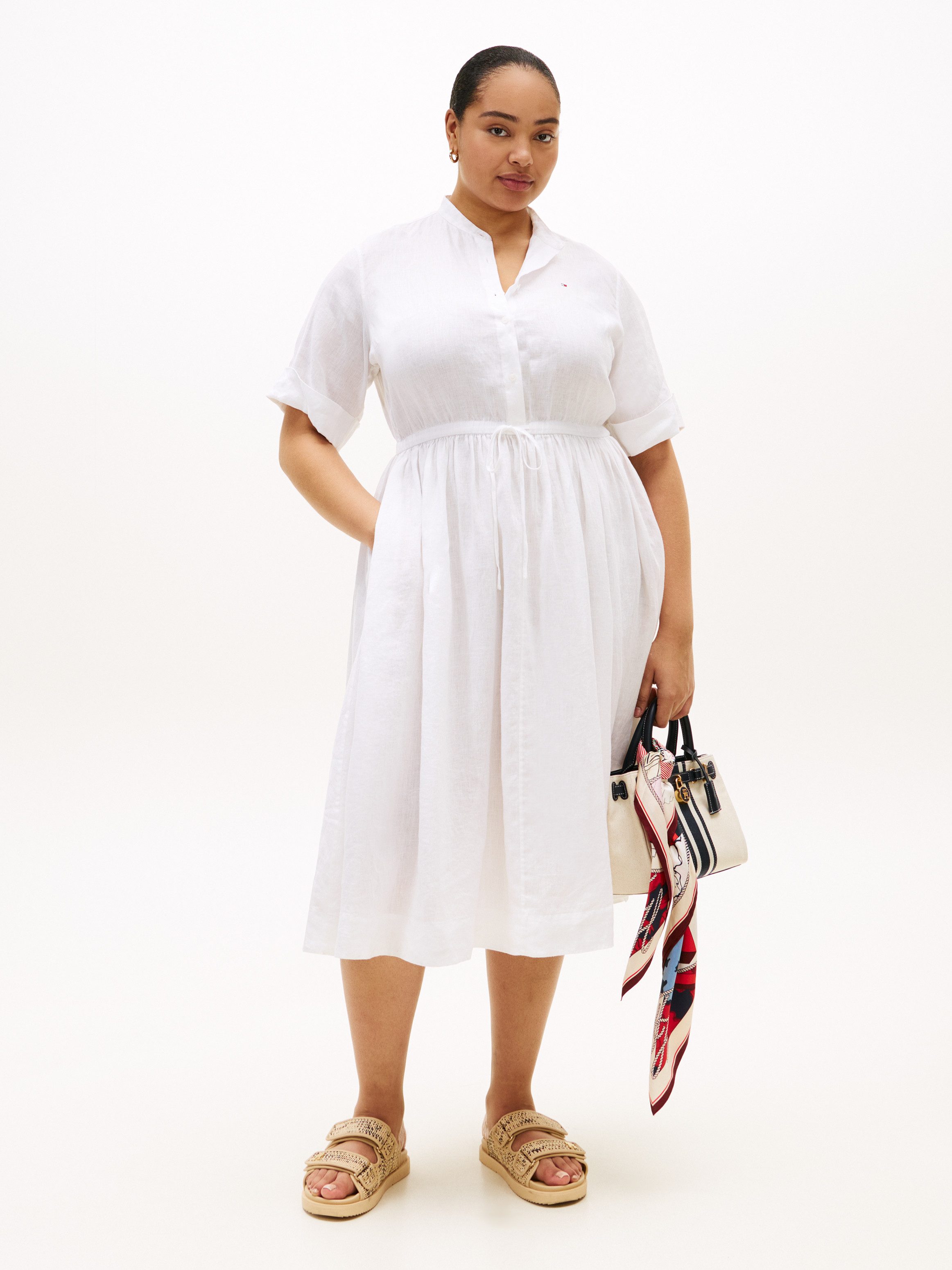 Tommy Hilfiger Curve Midikleid CRV LINEN MIDI SHIRT DRESS SS in großen Größen, Taille mit Bindeband