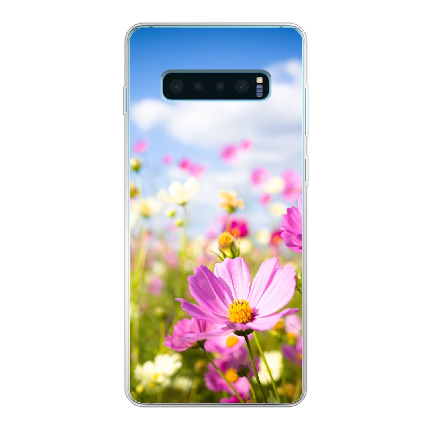 MuchoWow Handyhülle für Samsung Galaxy S10 Plus Blumen - Wiese - Lila - Gras - Weiß - Wolk, Phone Case, Silikon, Schutzhülle Dünn
