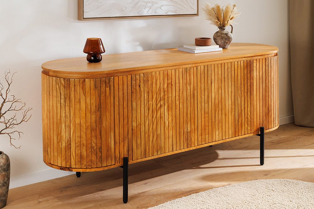 riess-ambiente Sideboard GATSBY 160cm braun/schwarz - Massivholz, Lamellenfront, Stauraum (Einzelartikel, 1 St), mit organischer Form und 8 Fächern – ideal für Wohnzimmer & Esszimmer