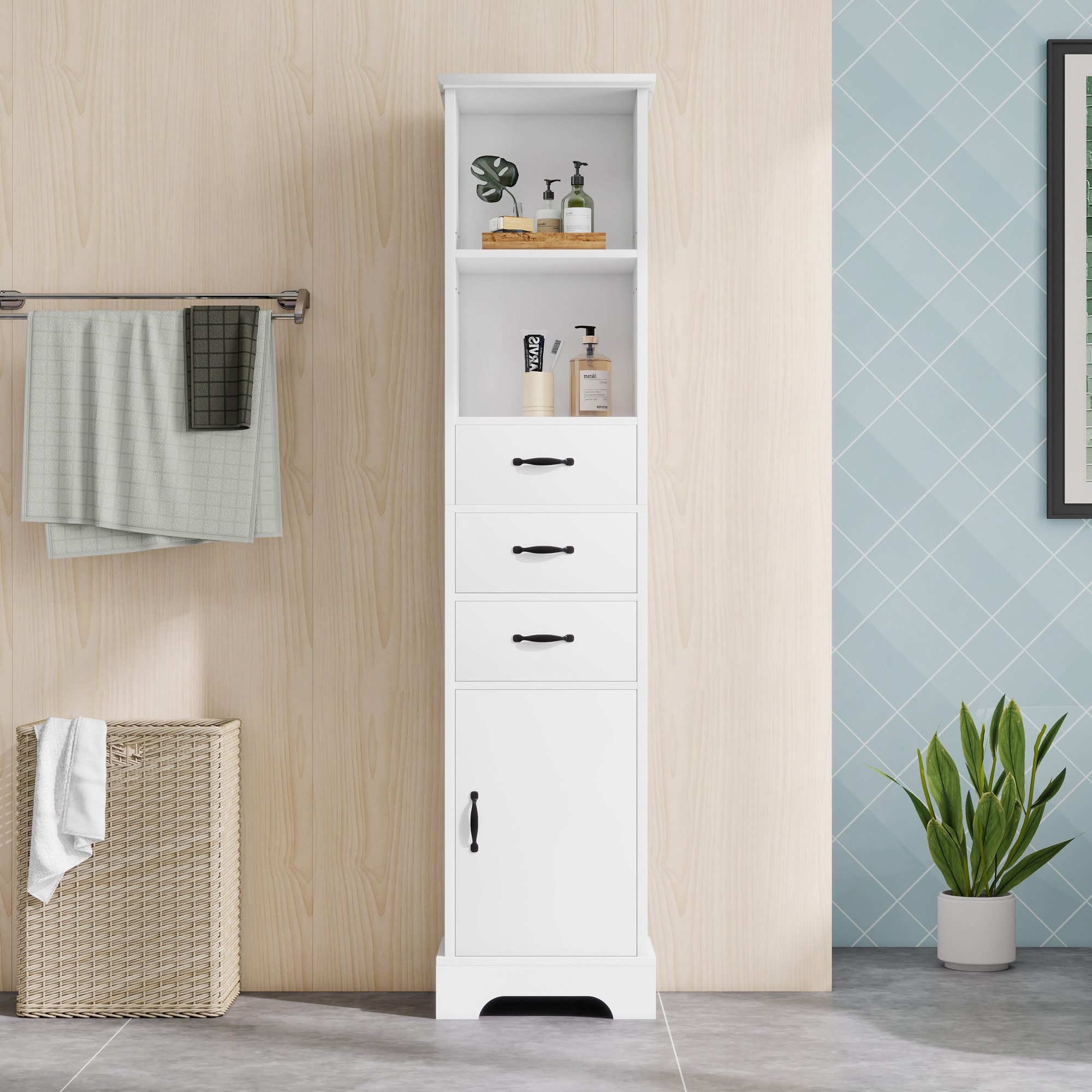 Merax Kommode Badezimmerschrank mit 3 Schubladen, offene Regalböden (1 St., Feuchtigkeitsbeständig, Buffetschrank, Verstellbare Regale), Modern Hochschrank