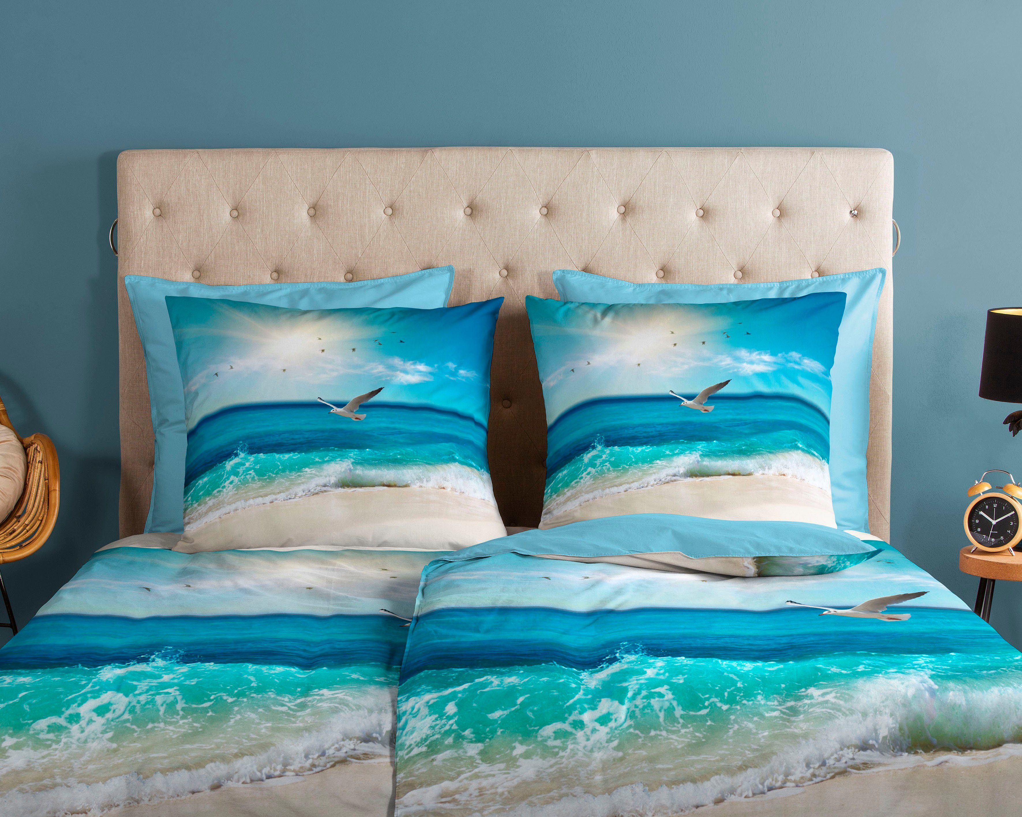 good morning Wendebettwäsche Sealife, Renforcé, 2 teilig, 100% Baumwolle, 135x200, Reißverschluss, Wendeoptik, Strand Meer, Blau