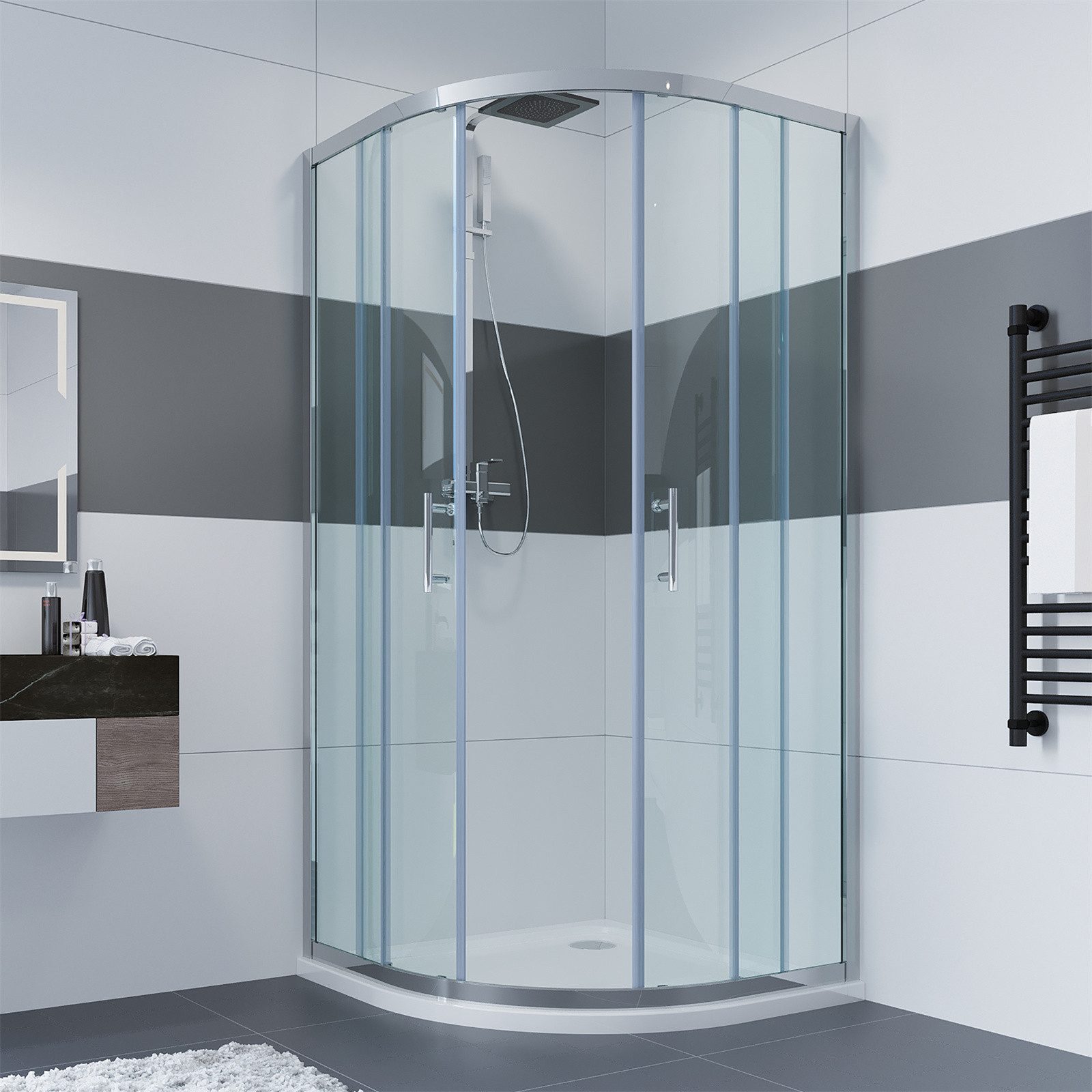IMPTS Runddusche Duschkabine Viertelkreis Rund Dusche, BxT: 90x90 cm, Sicherheitsglas, Duschabtrennung mit Schiebetüren, Große: 80/90 x 185/195cm Viertelkreisdusche Schiebetür
